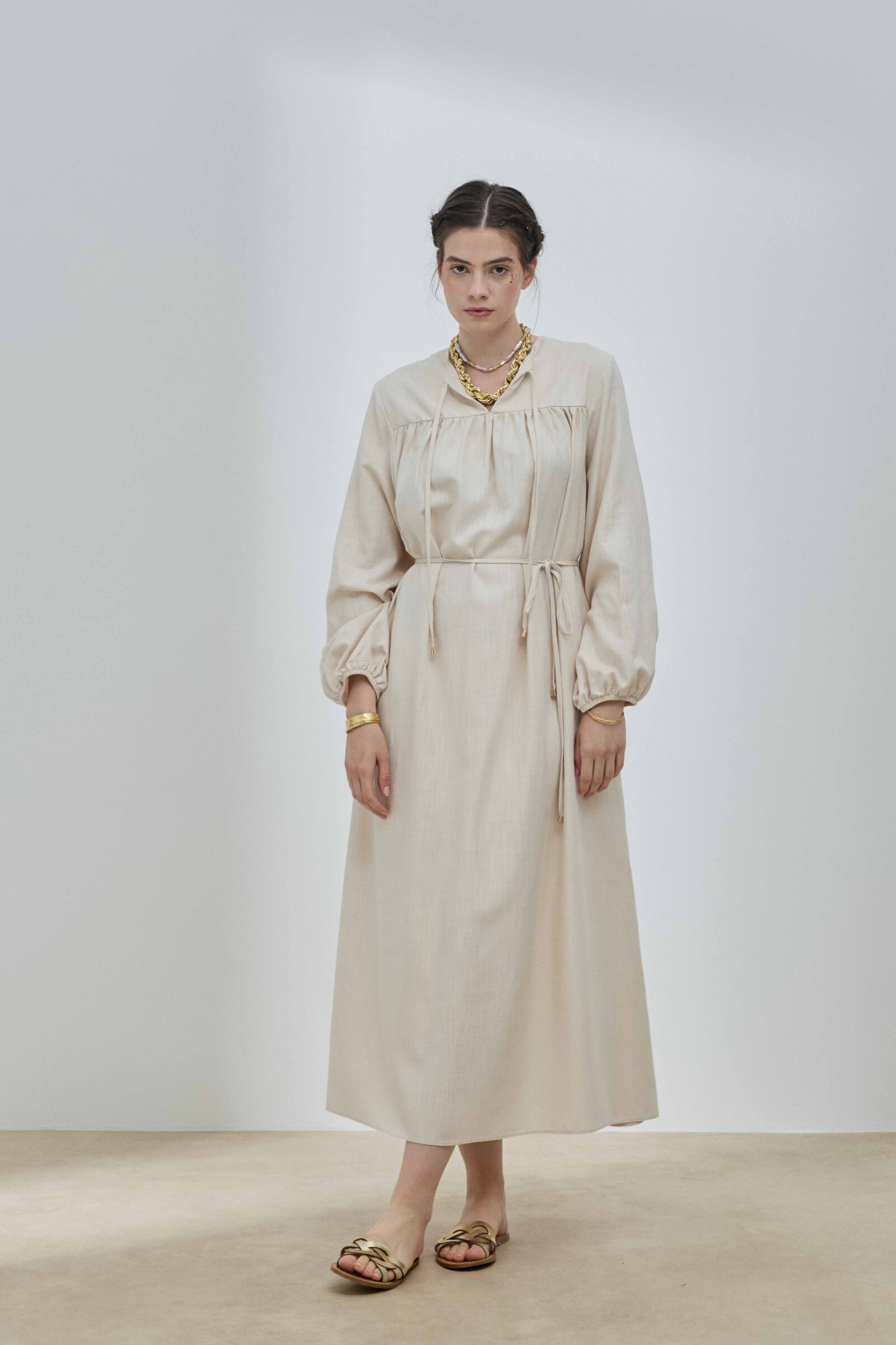 Bej Keten Robalı Elbise - 3