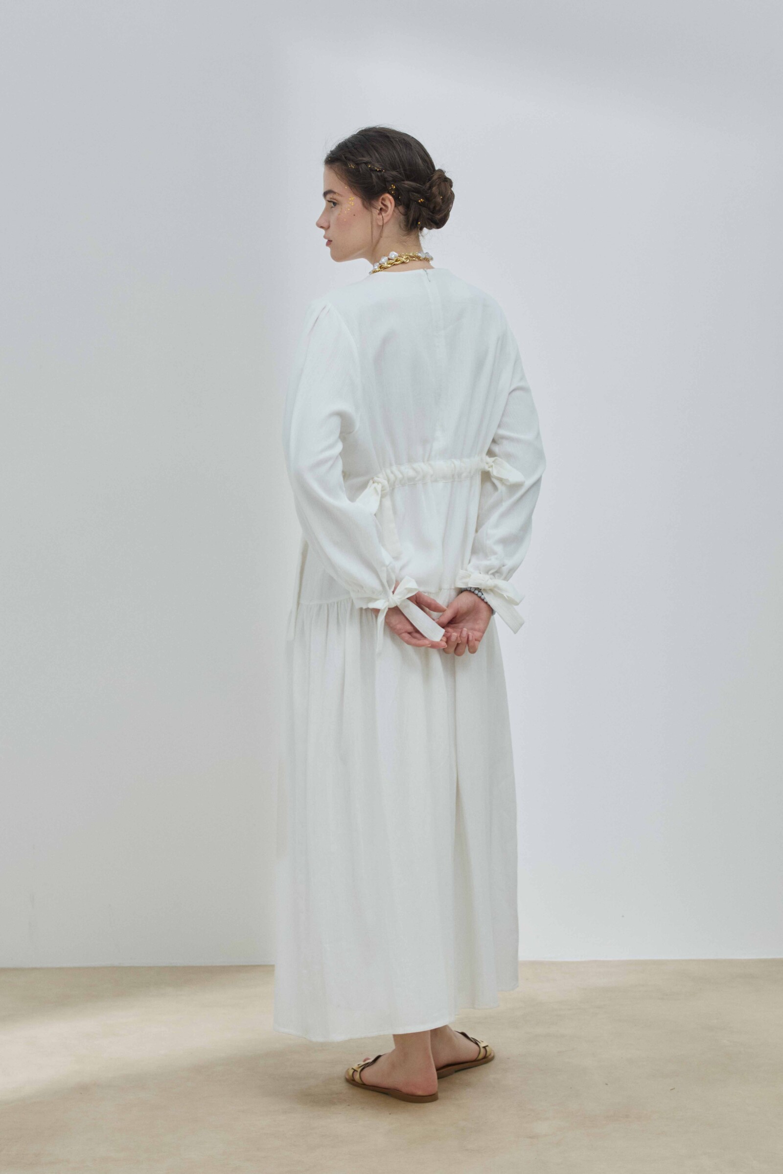 Beyaz Şile Bezi Bağlamalı Elbise - 6