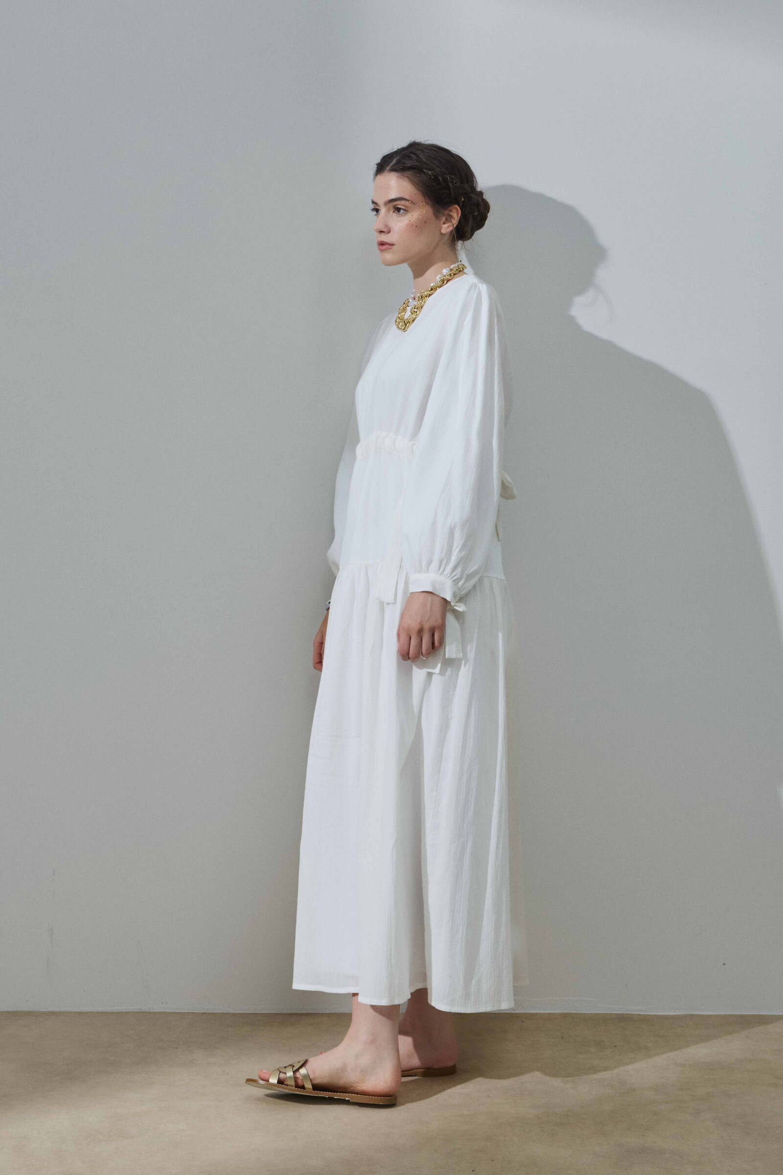 Beyaz Şile Bezi Bağlamalı Elbise - 4