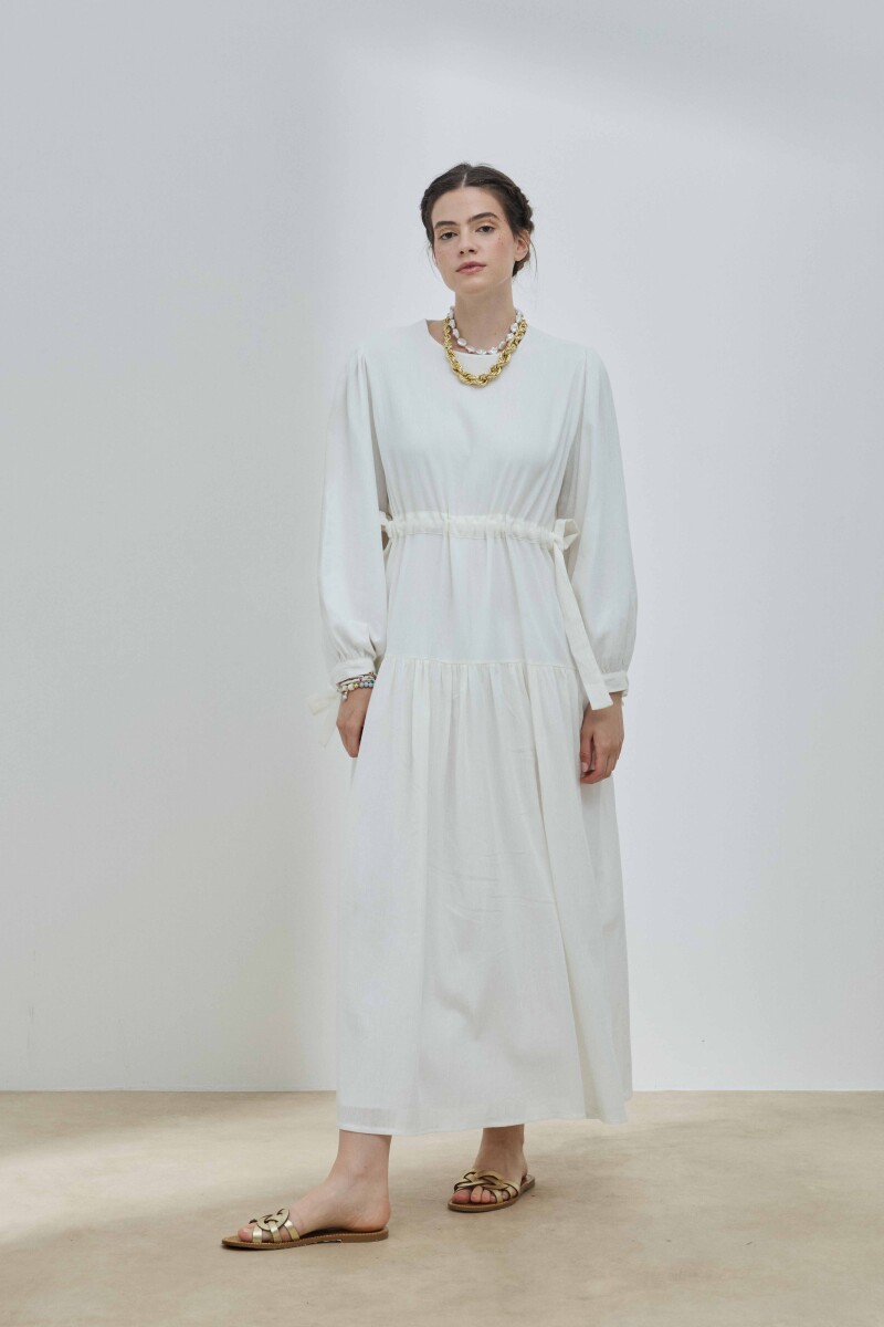 Beyaz Şile Bezi Bağlamalı Elbise - 