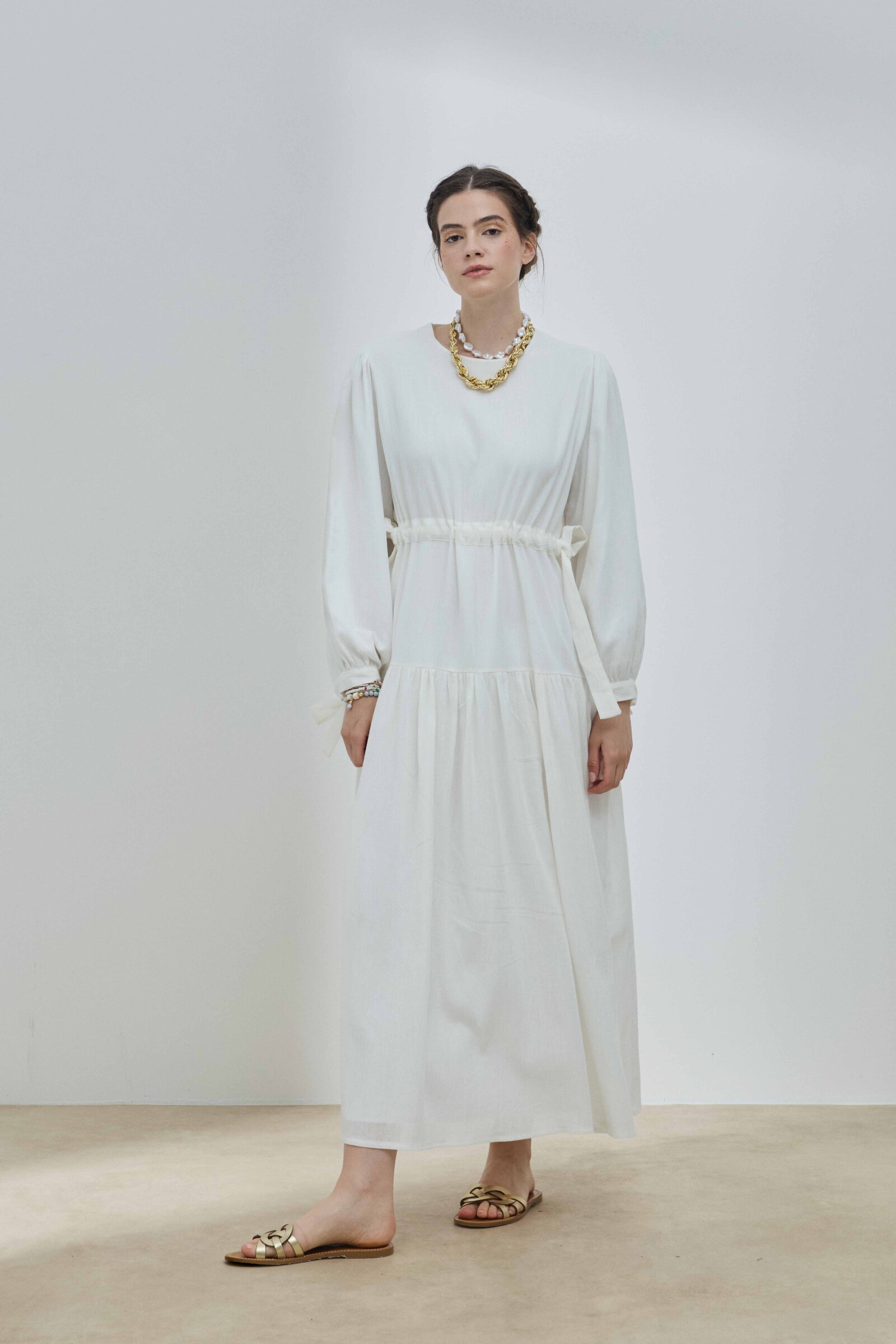 Beyaz Şile Bezi Bağlamalı Elbise - 1