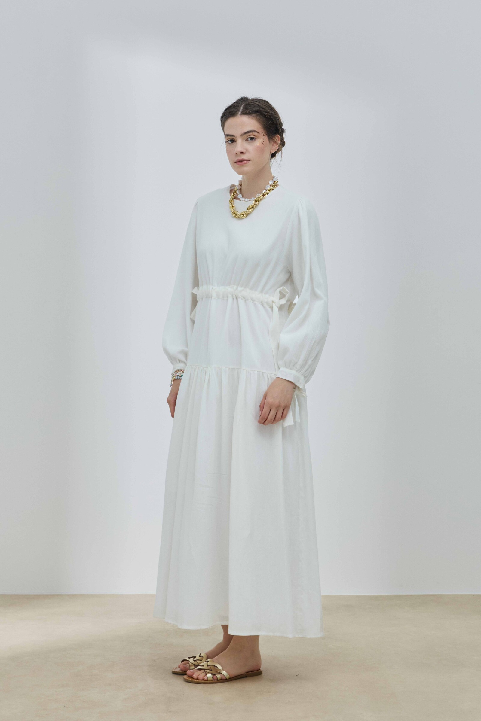 Beyaz Şile Bezi Bağlamalı Elbise - 2