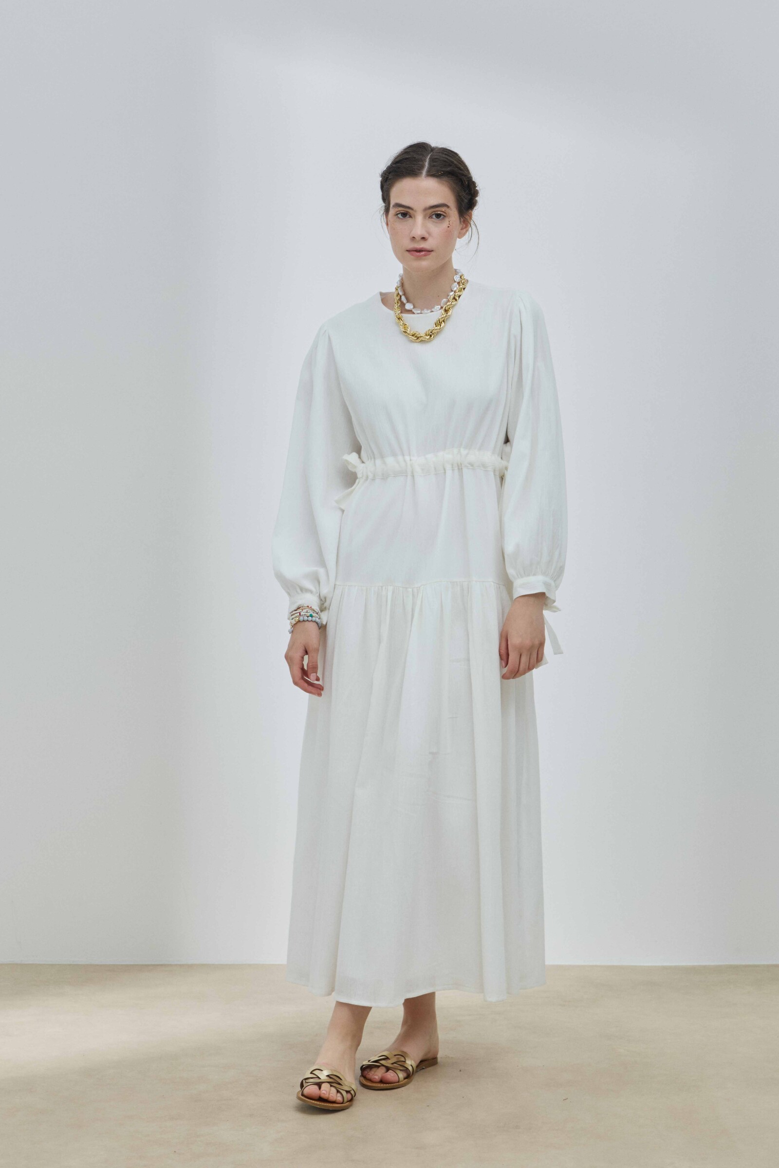 Beyaz Şile Bezi Bağlamalı Elbise - 5