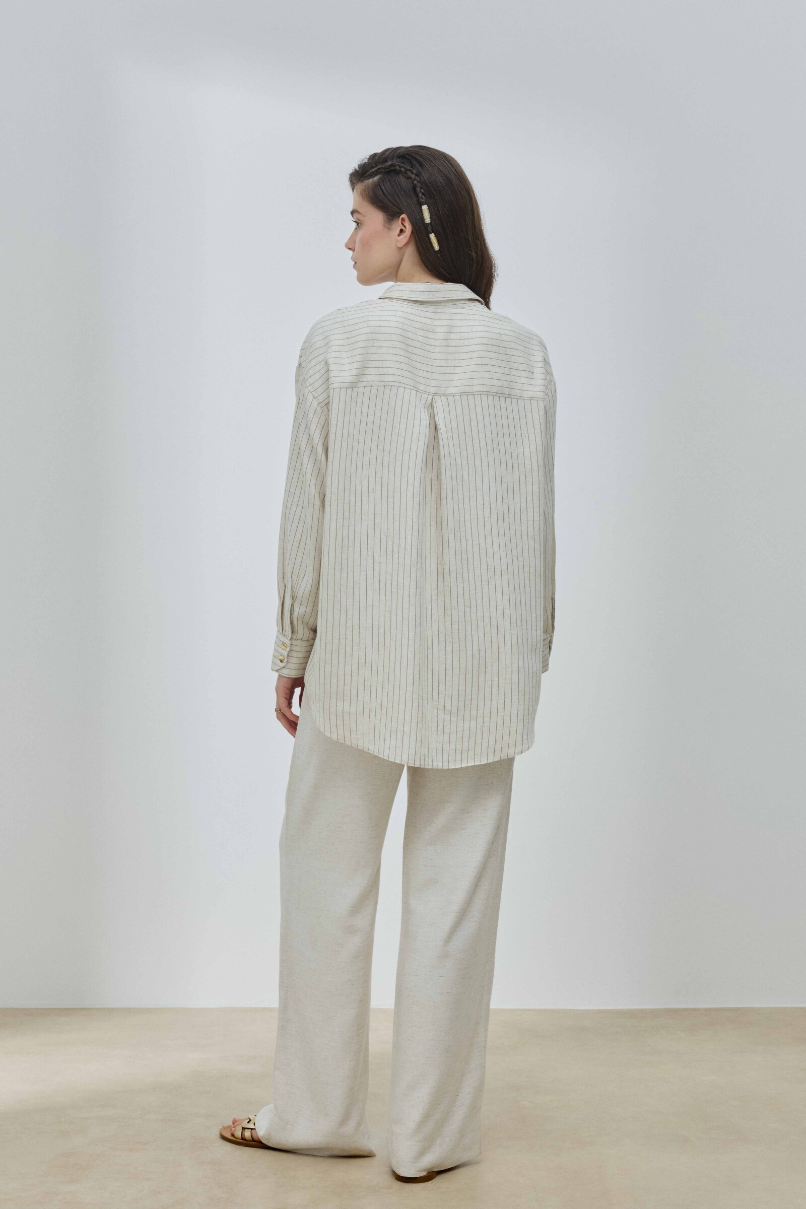 Çizgili Keten Cepli Gömlek - 6