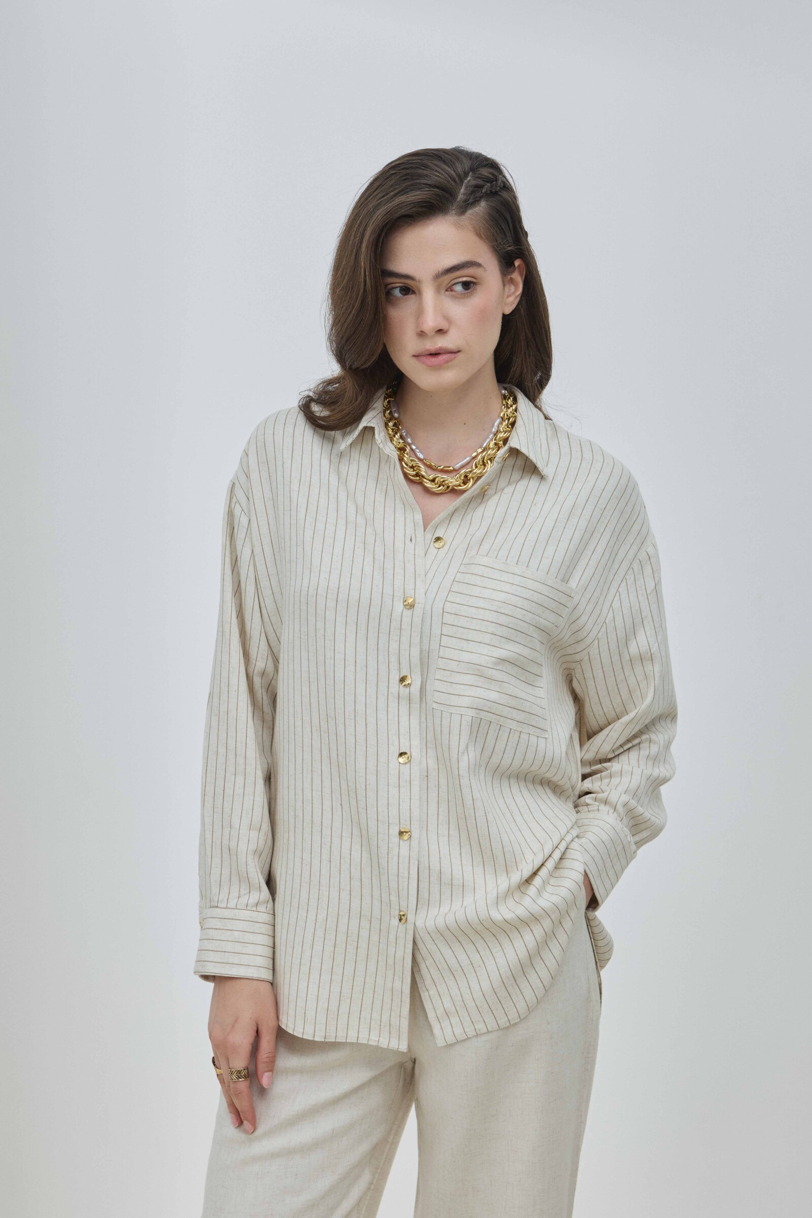 Çizgili Keten Cepli Gömlek - 7