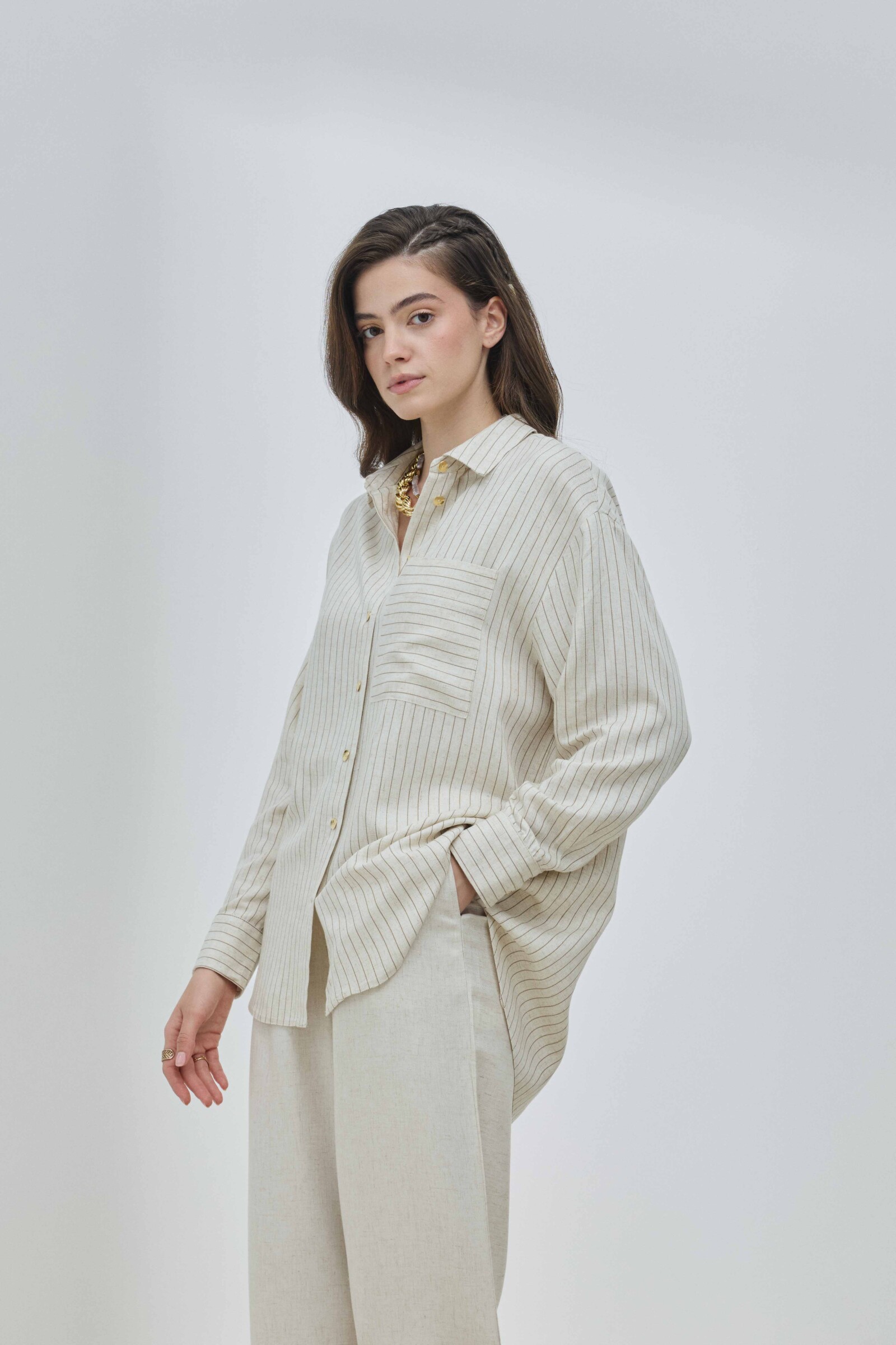 Çizgili Keten Cepli Gömlek - 2