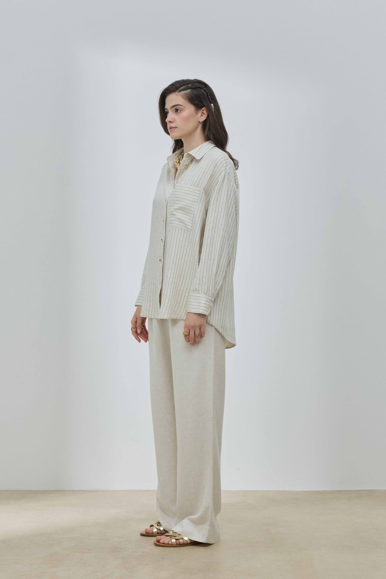 Çizgili Keten Cepli Gömlek - 3