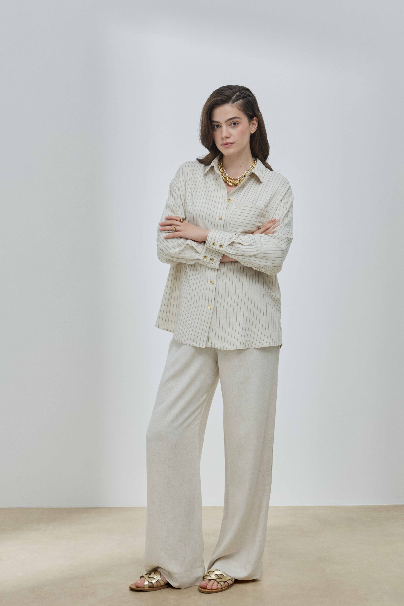 Çizgili Keten Cepli Gömlek - 5