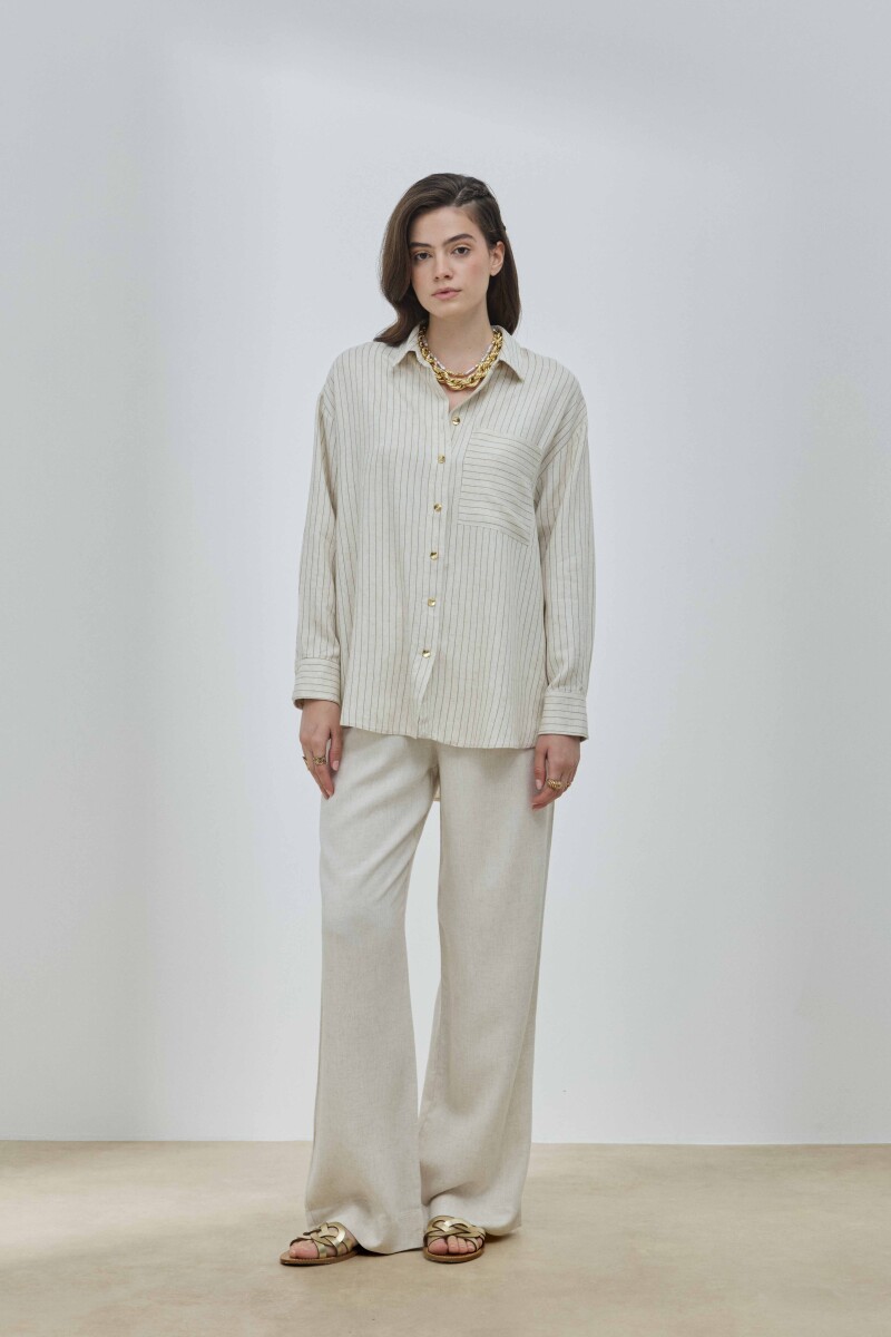 Çizgili Keten Cepli Gömlek - 