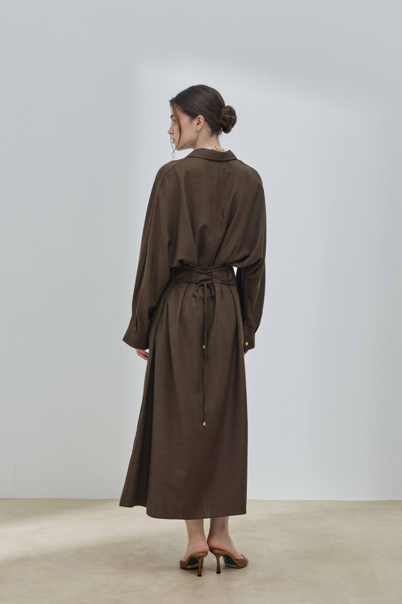 Kahverengi Keten Biritli Elbise - 7