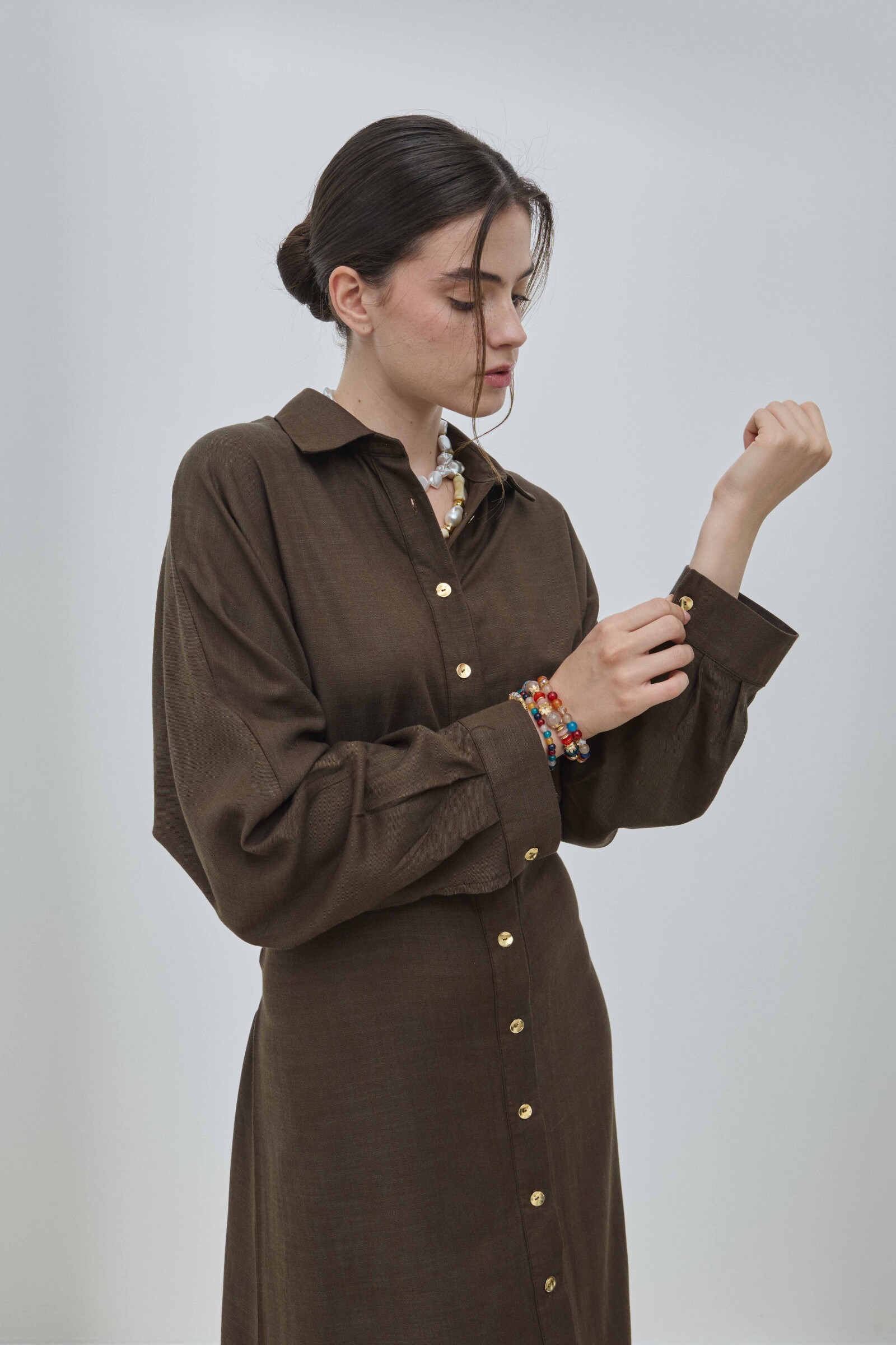 Kahverengi Keten Biritli Elbise - 3