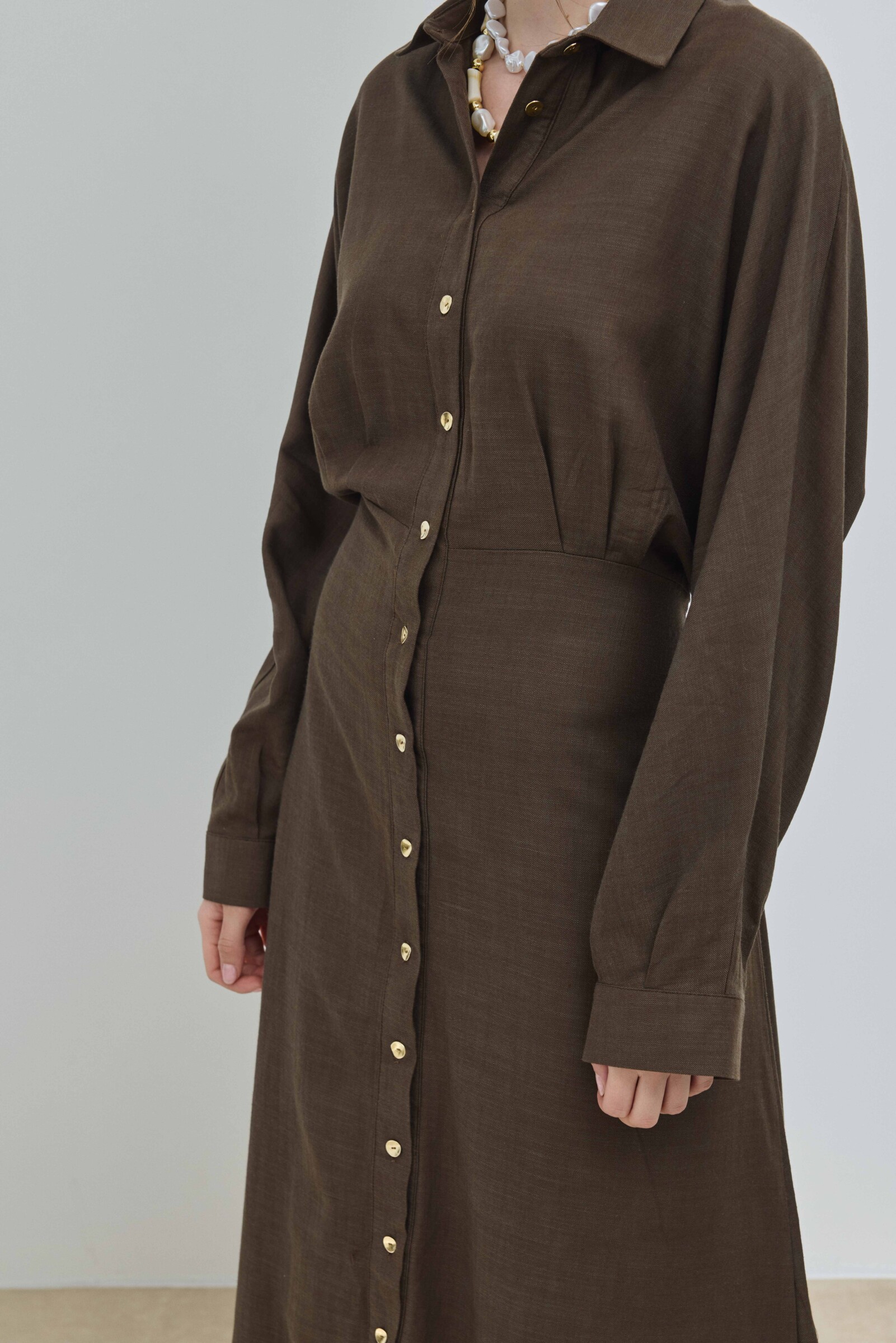 Kahverengi Keten Biritli Elbise - 5