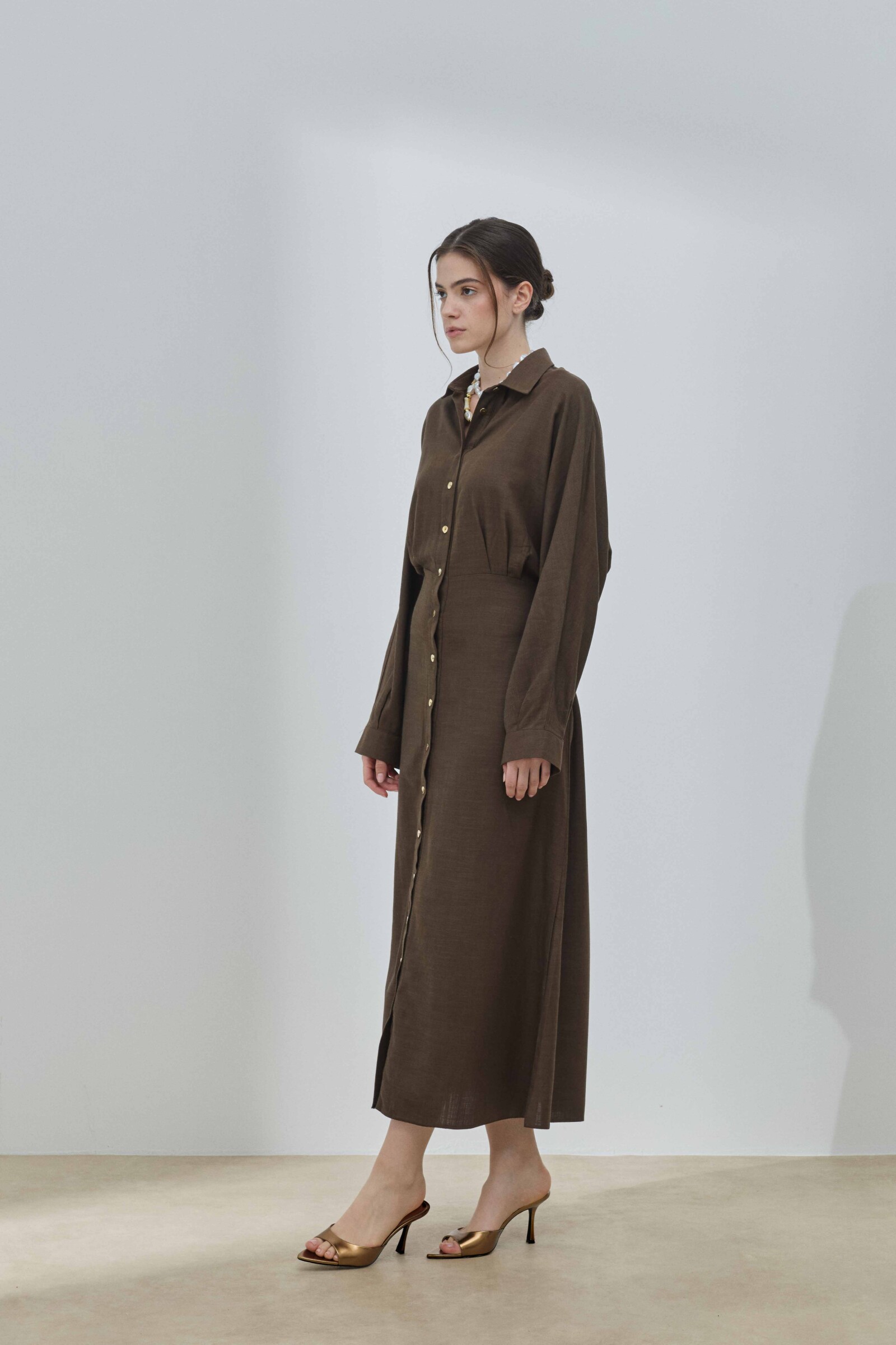 Kahverengi Keten Biritli Elbise - 6