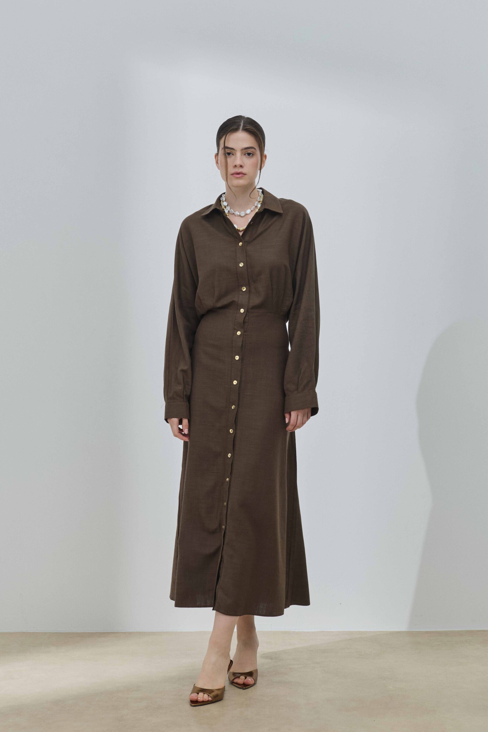 Kahverengi Keten Biritli Elbise - 4