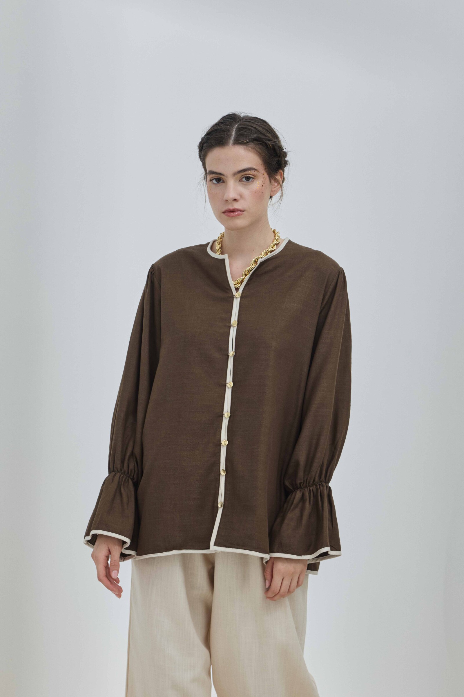 Kahverengi Keten Biyeli Gömlek - 2