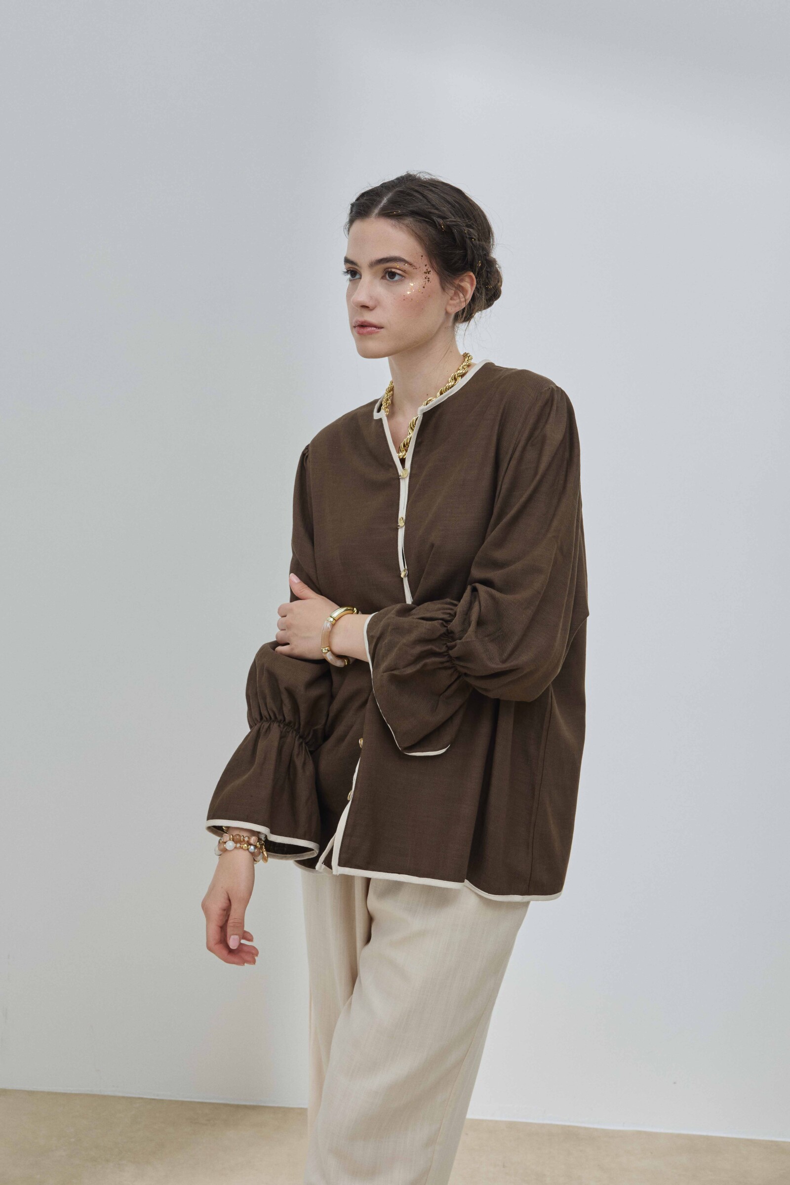 Kahverengi Keten Biyeli Gömlek - 4