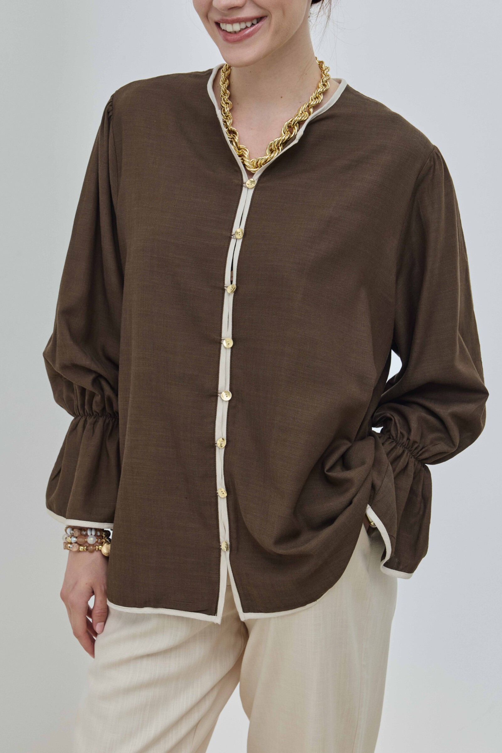 Kahverengi Keten Biyeli Gömlek - 5