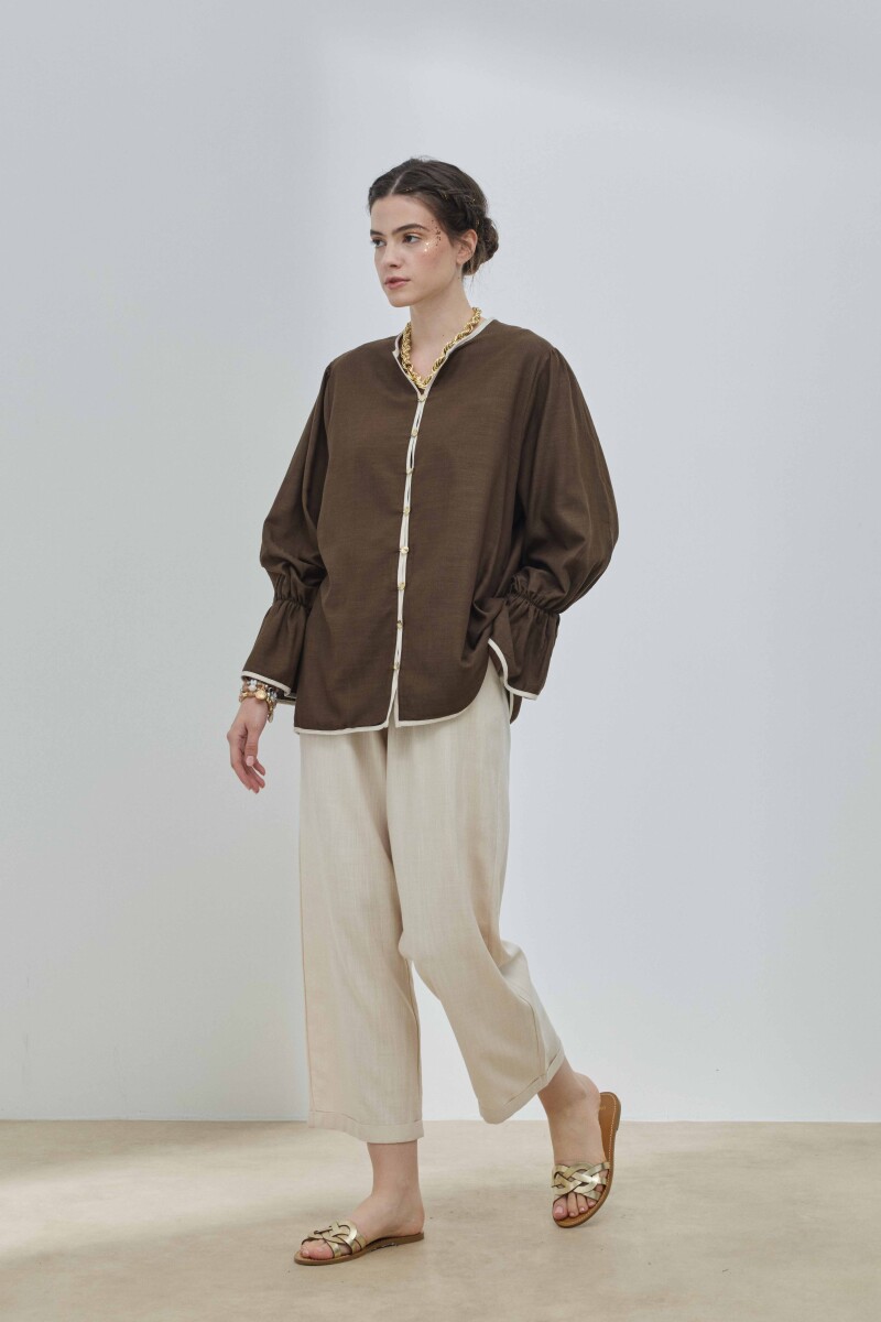 Kahverengi Keten Biyeli Gömlek - 