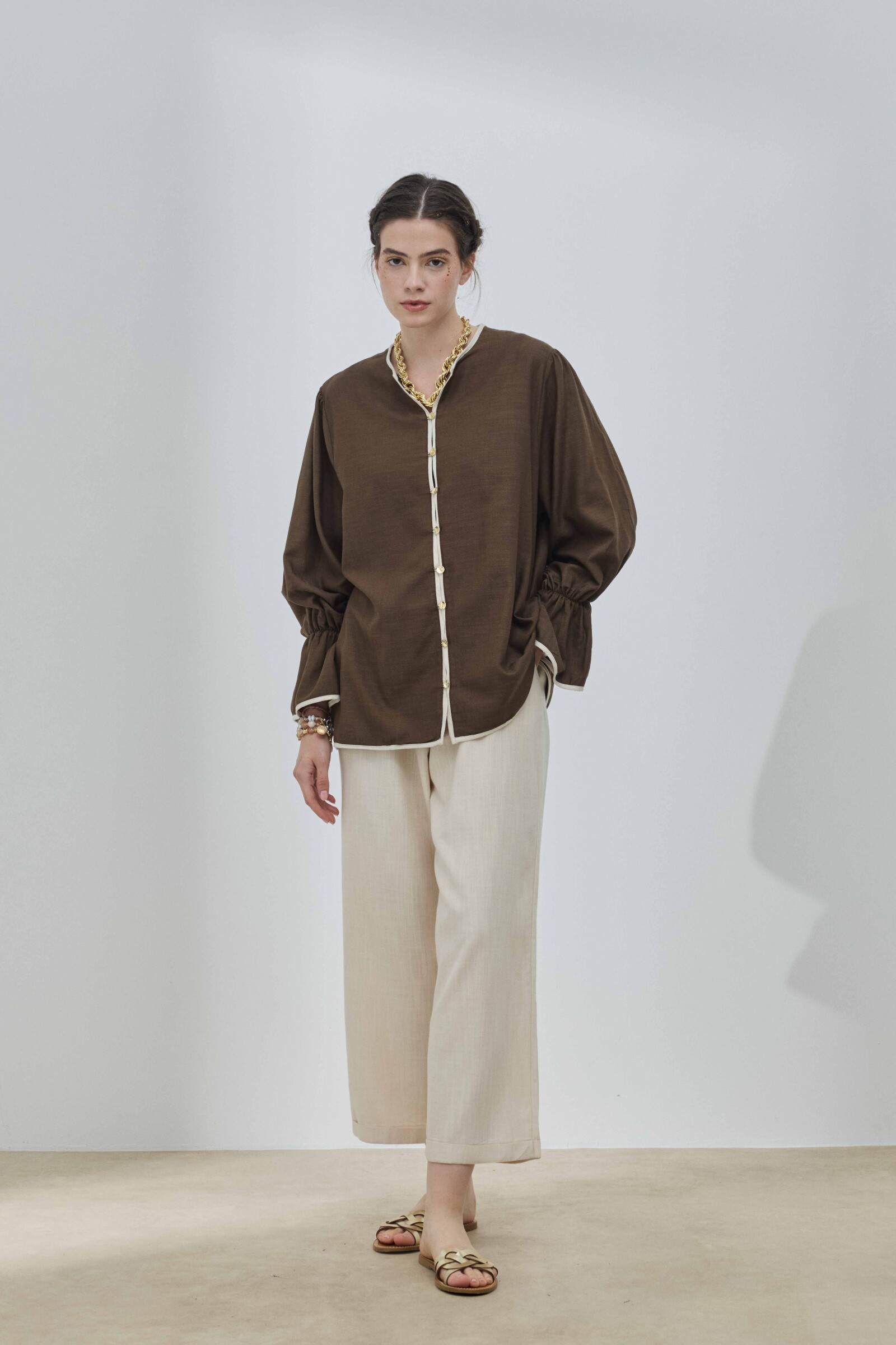 Kahverengi Keten Biyeli Gömlek - 3