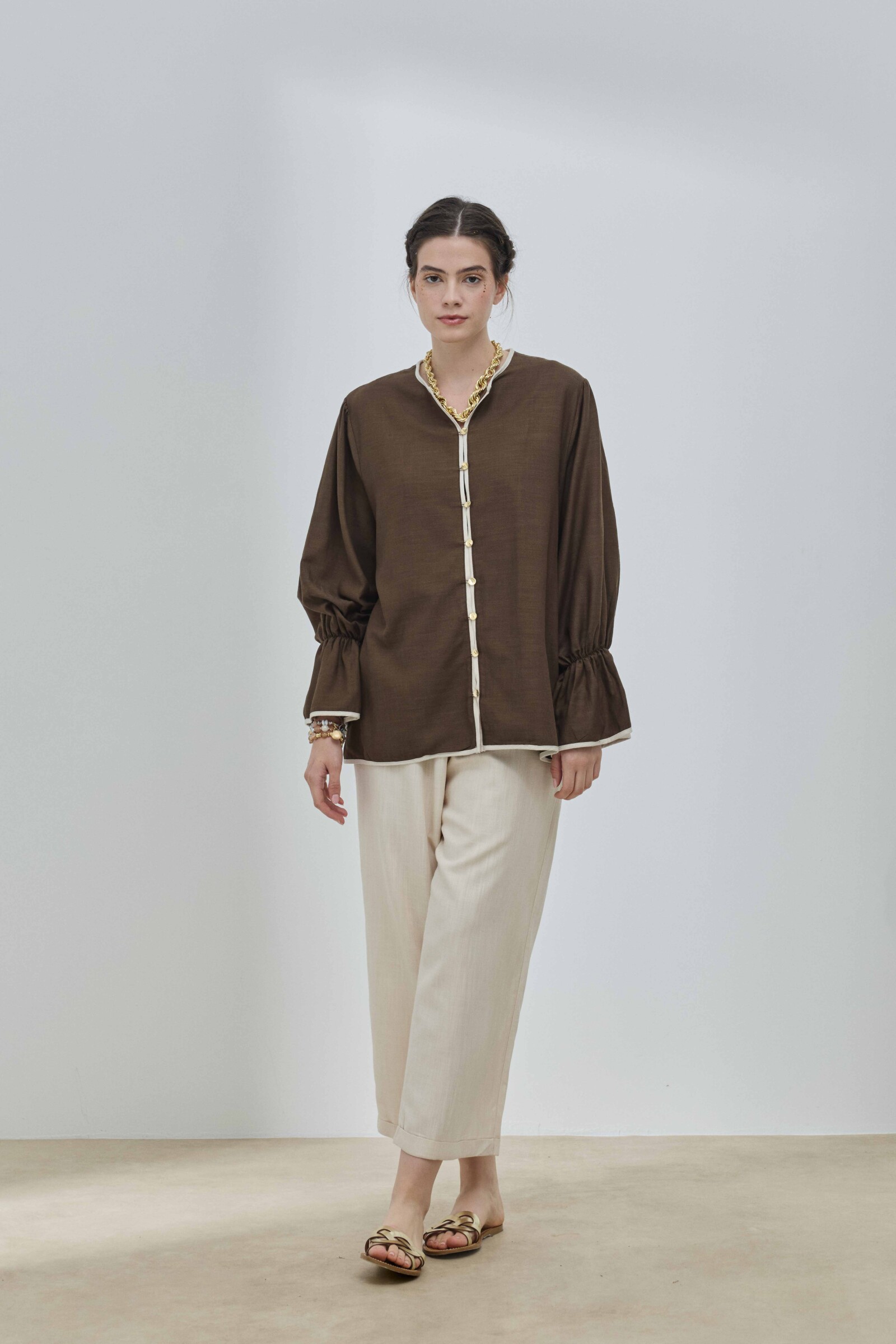 Kahverengi Keten Biyeli Gömlek - 6