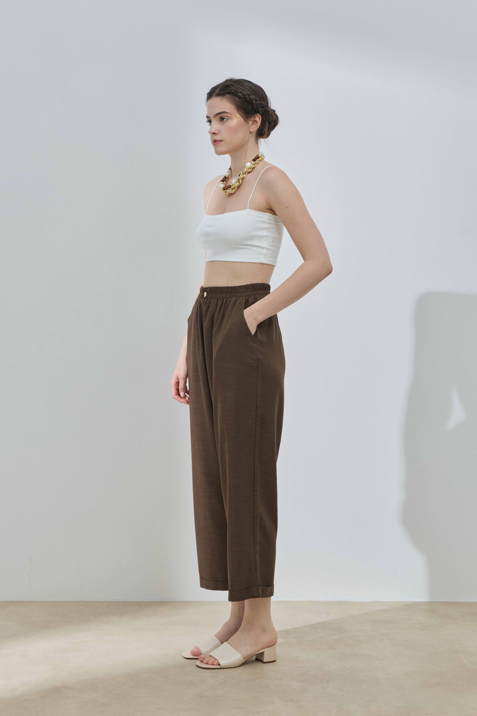 Kahverengi Keten Duble Paça Pantolon - 2