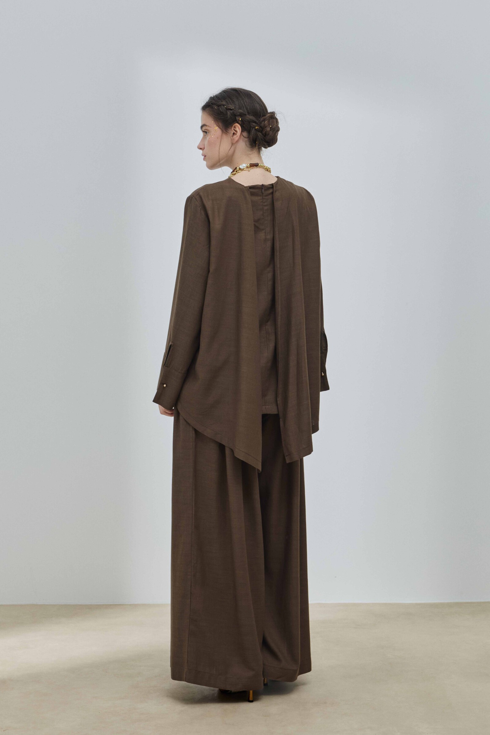 Kahverengi Keten Pelerinli Bluz - 9