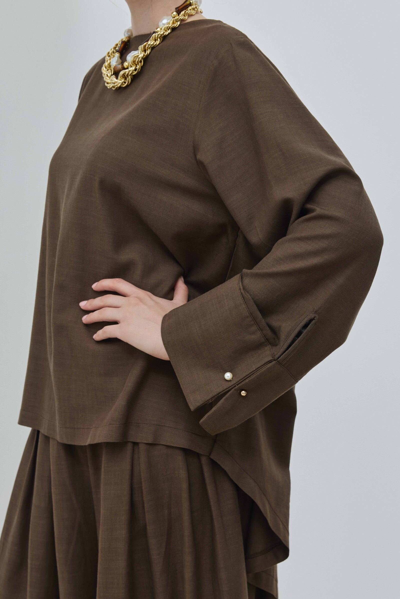 Kahverengi Keten Pelerinli Bluz - 7