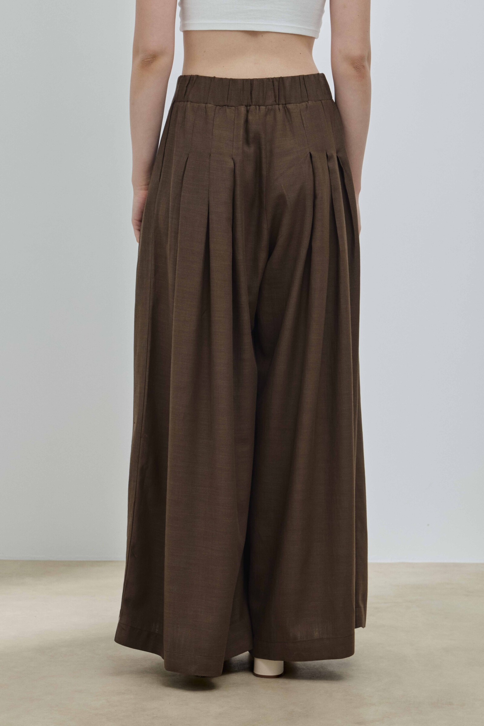 Kahverengi Keten Pileli Etek Pantolon - 5