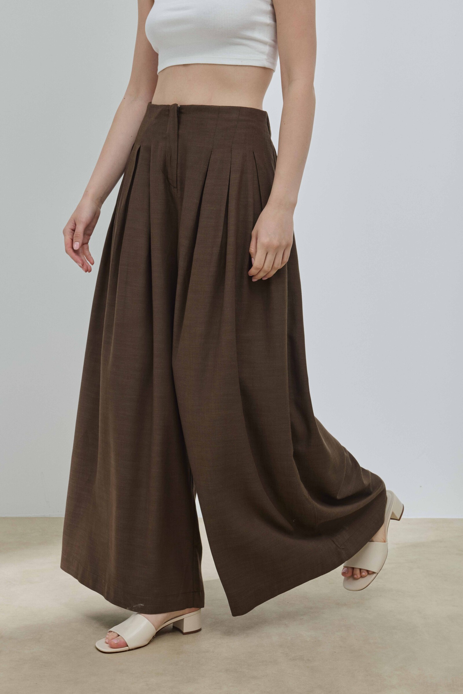 Kahverengi Keten Pileli Etek Pantolon - 3