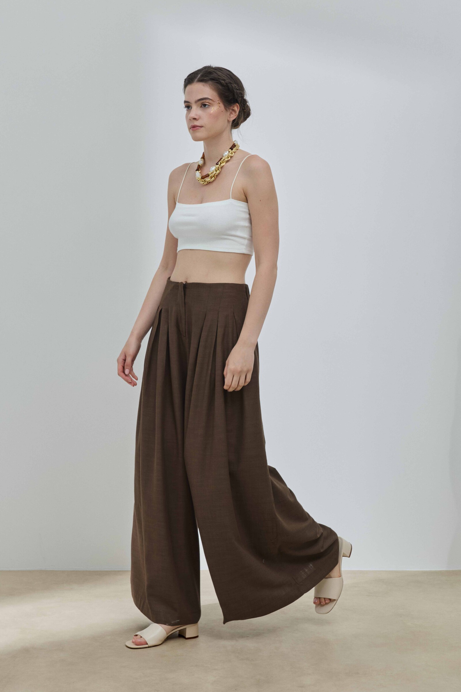 Kahverengi Keten Pileli Etek Pantolon - 2