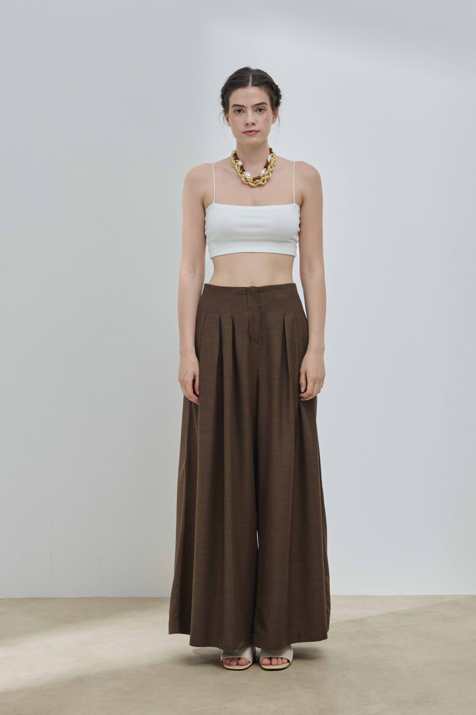 Kahverengi Keten Pileli Etek Pantolon - 1