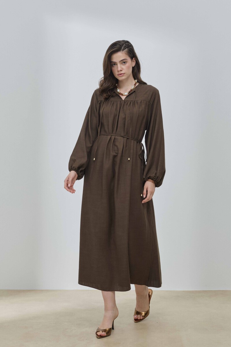Kahverengi Keten Robalı Elbise - 