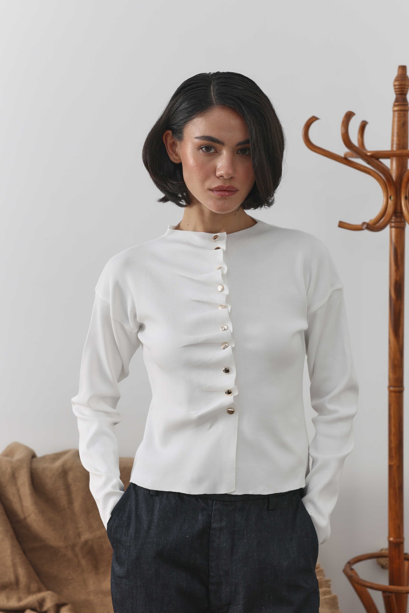 Büzgülü Kısa Hırka Ekru - 4