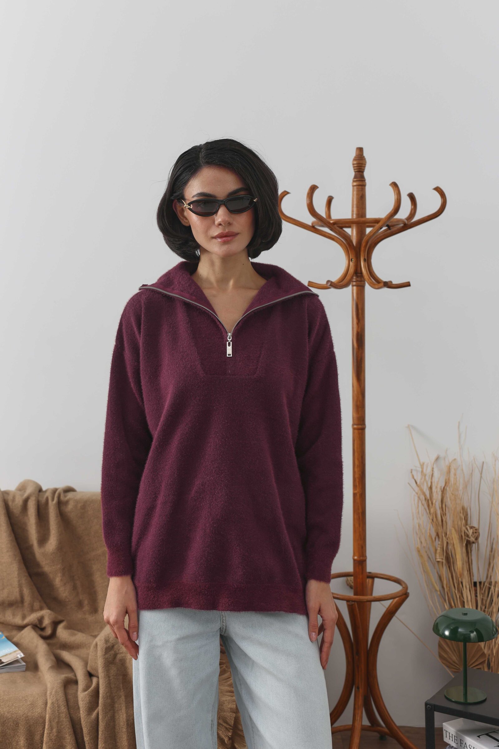 Fermuarlı Soft Kazak Bordo - 2