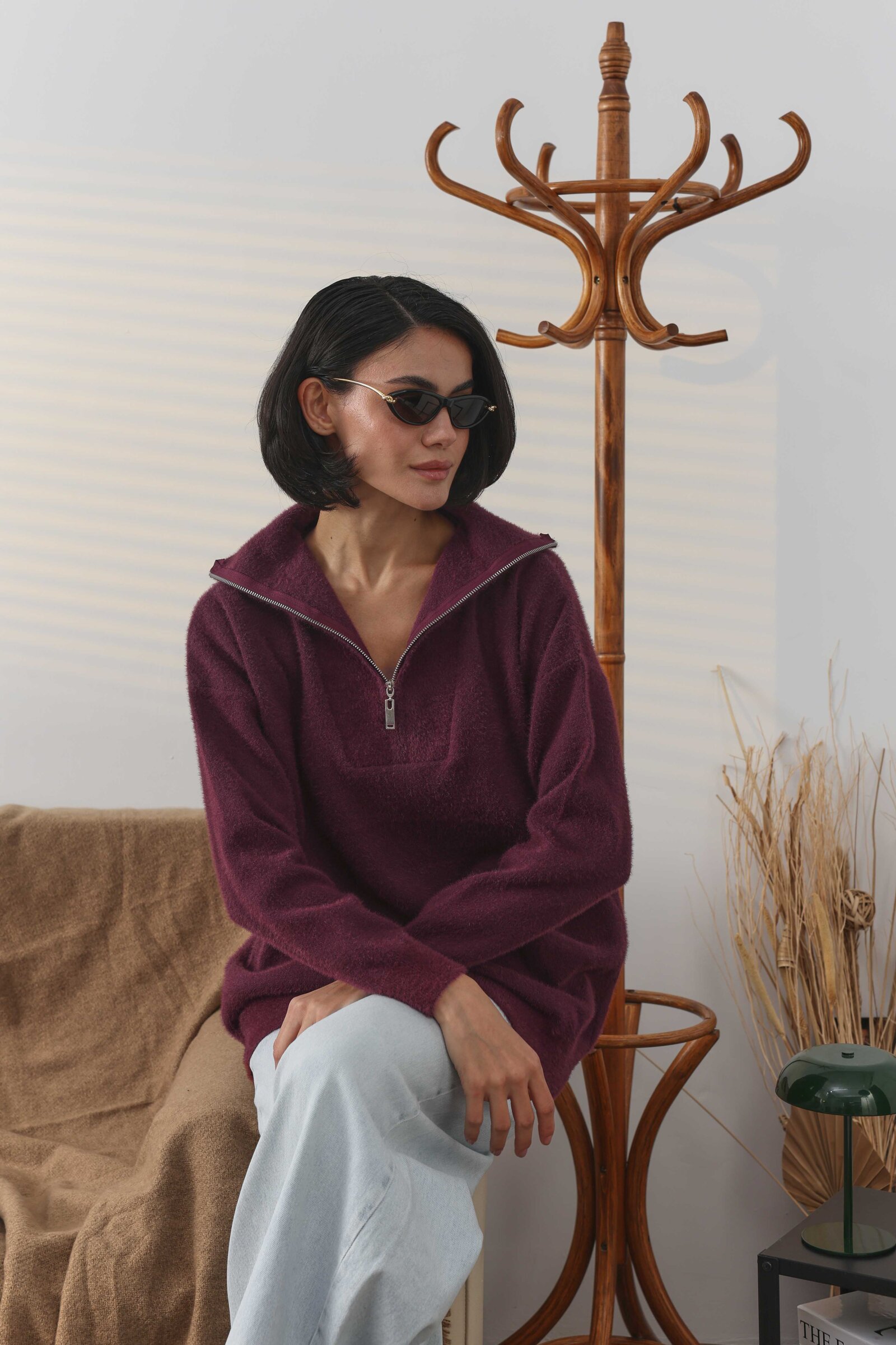 Fermuarlı Soft Kazak Bordo - 4