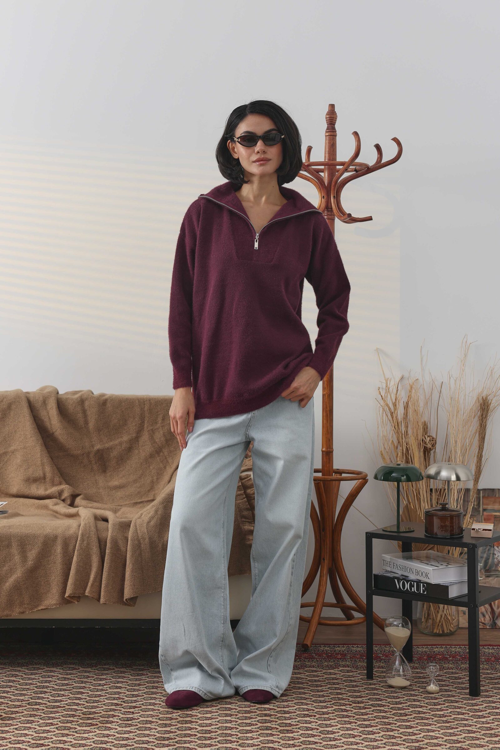 Fermuarlı Soft Kazak Bordo - 1