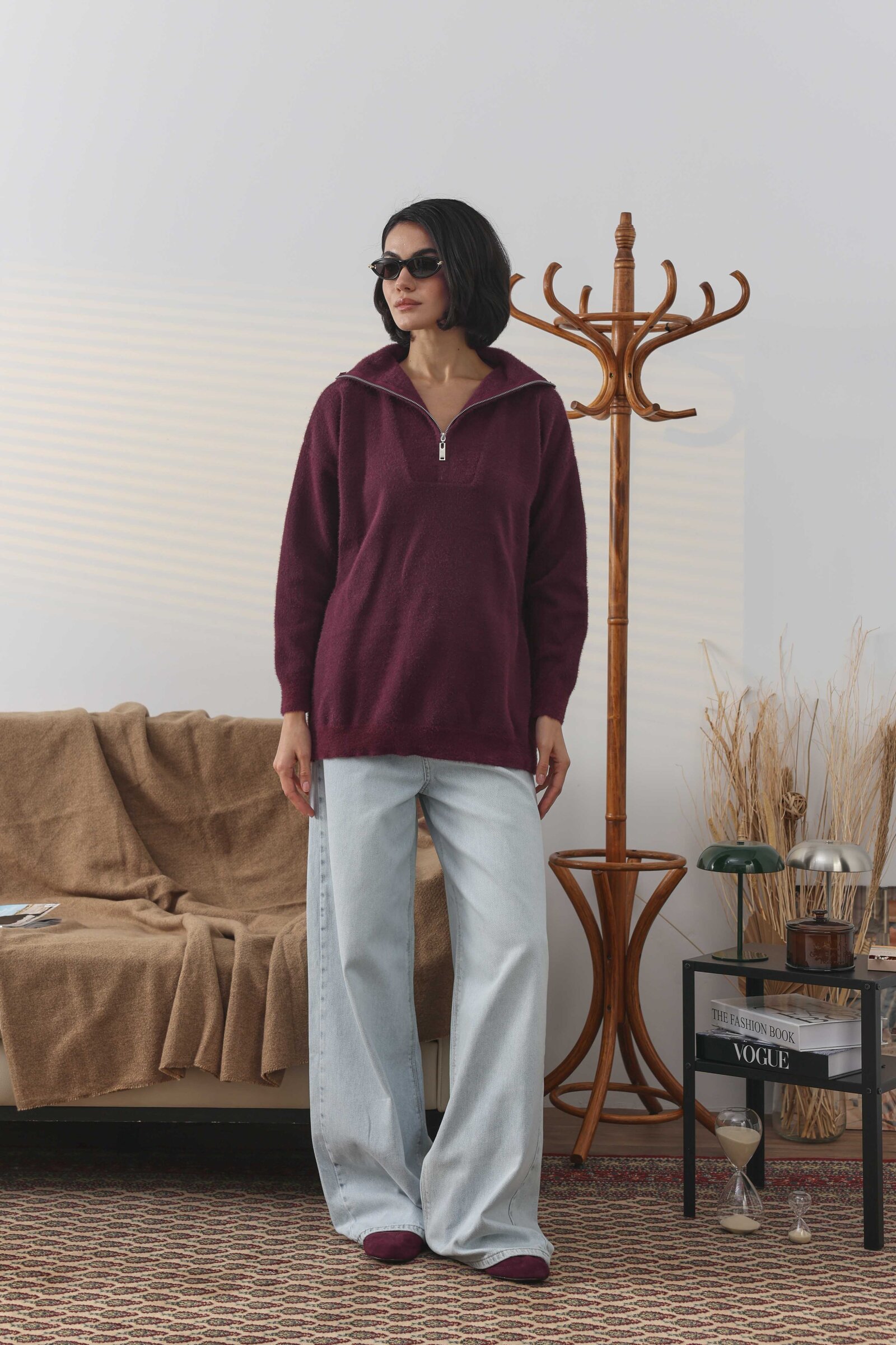 Fermuarlı Soft Kazak Bordo - 3