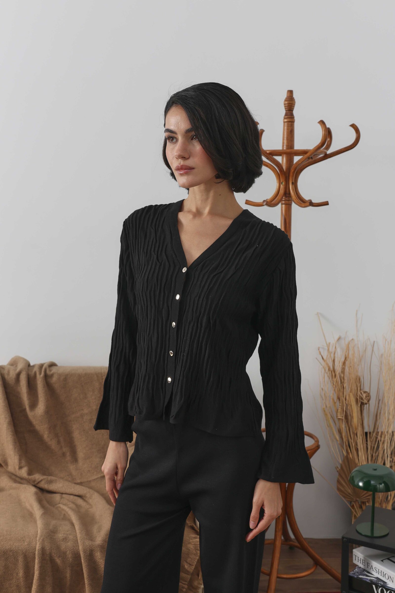 Pileli Viskon Hırka Siyah - 3