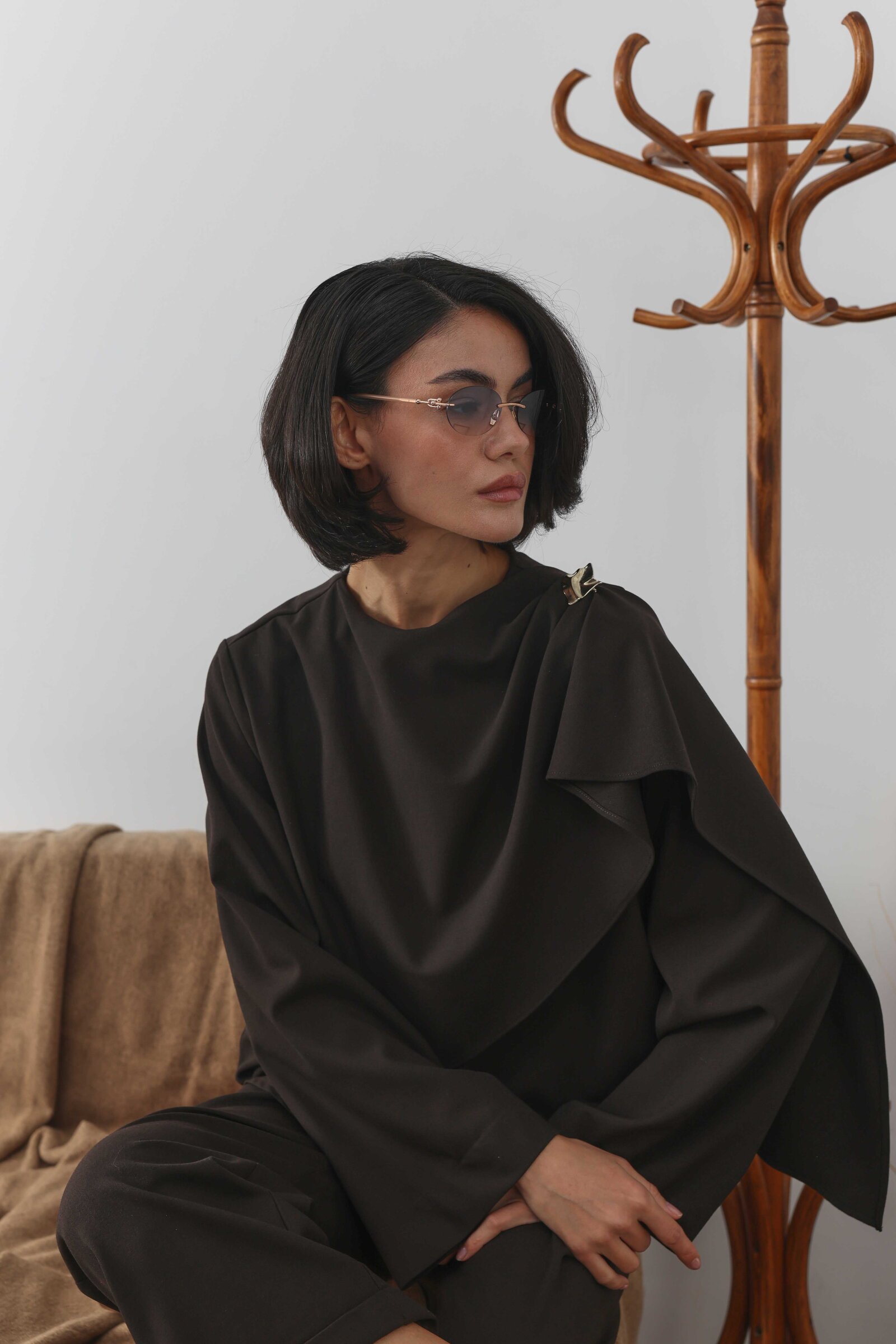 Şal Detaylı Bluz Kahverengi - 4