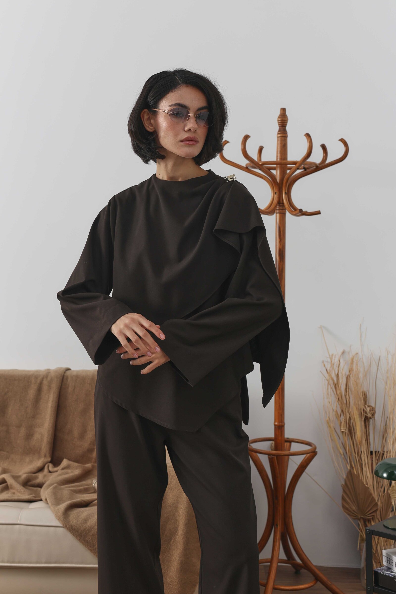 Şal Detaylı Bluz Kahverengi - 6