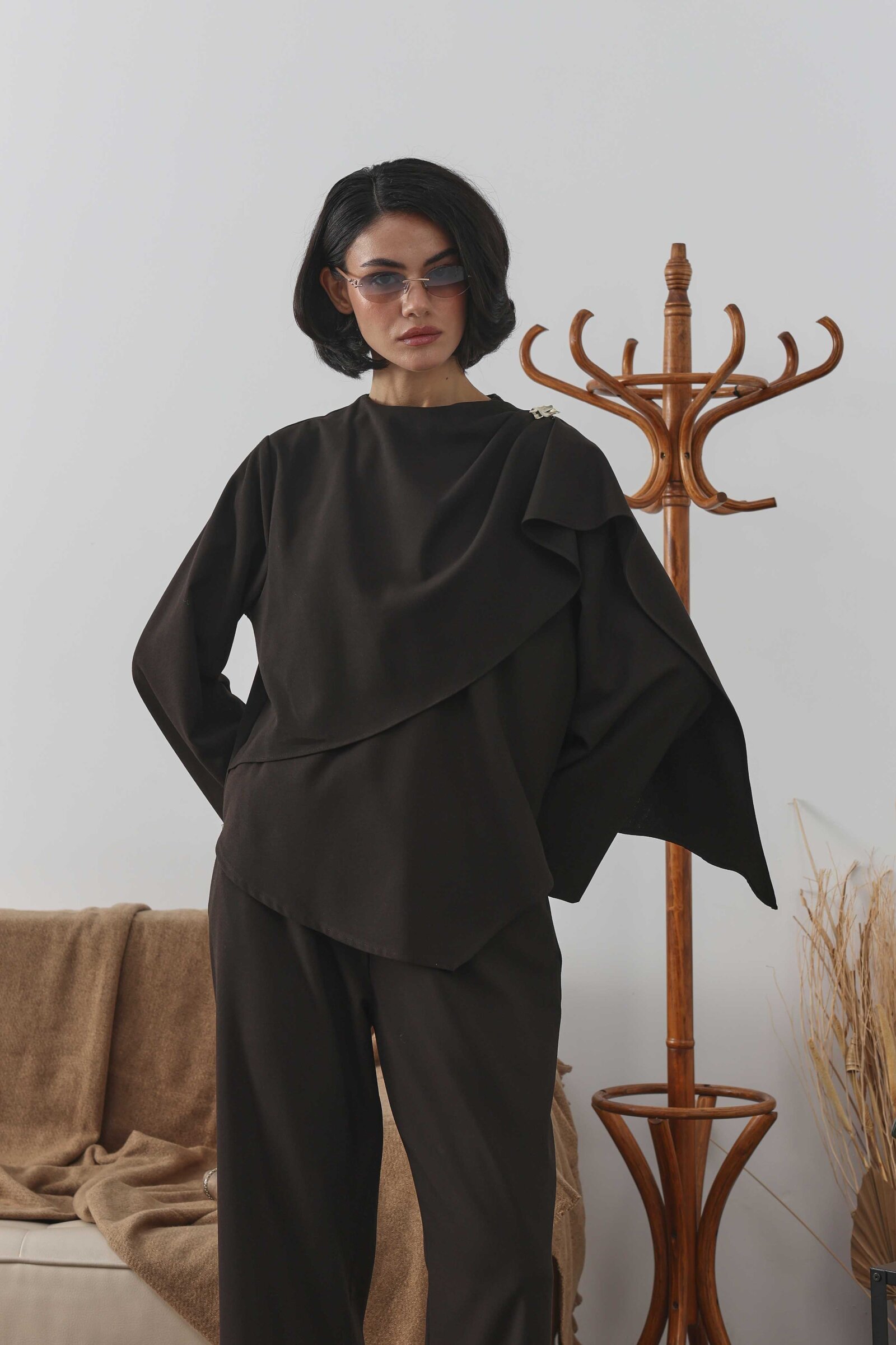 Şal Detaylı Bluz Kahverengi - 2