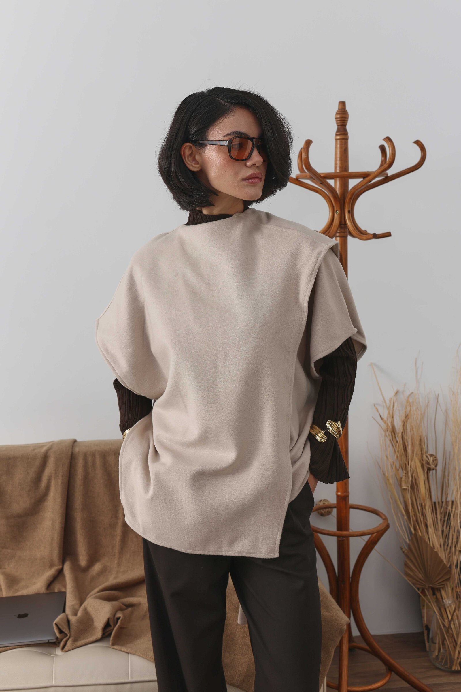 Şal Detaylı Kaşe Süveter Ekru - 5