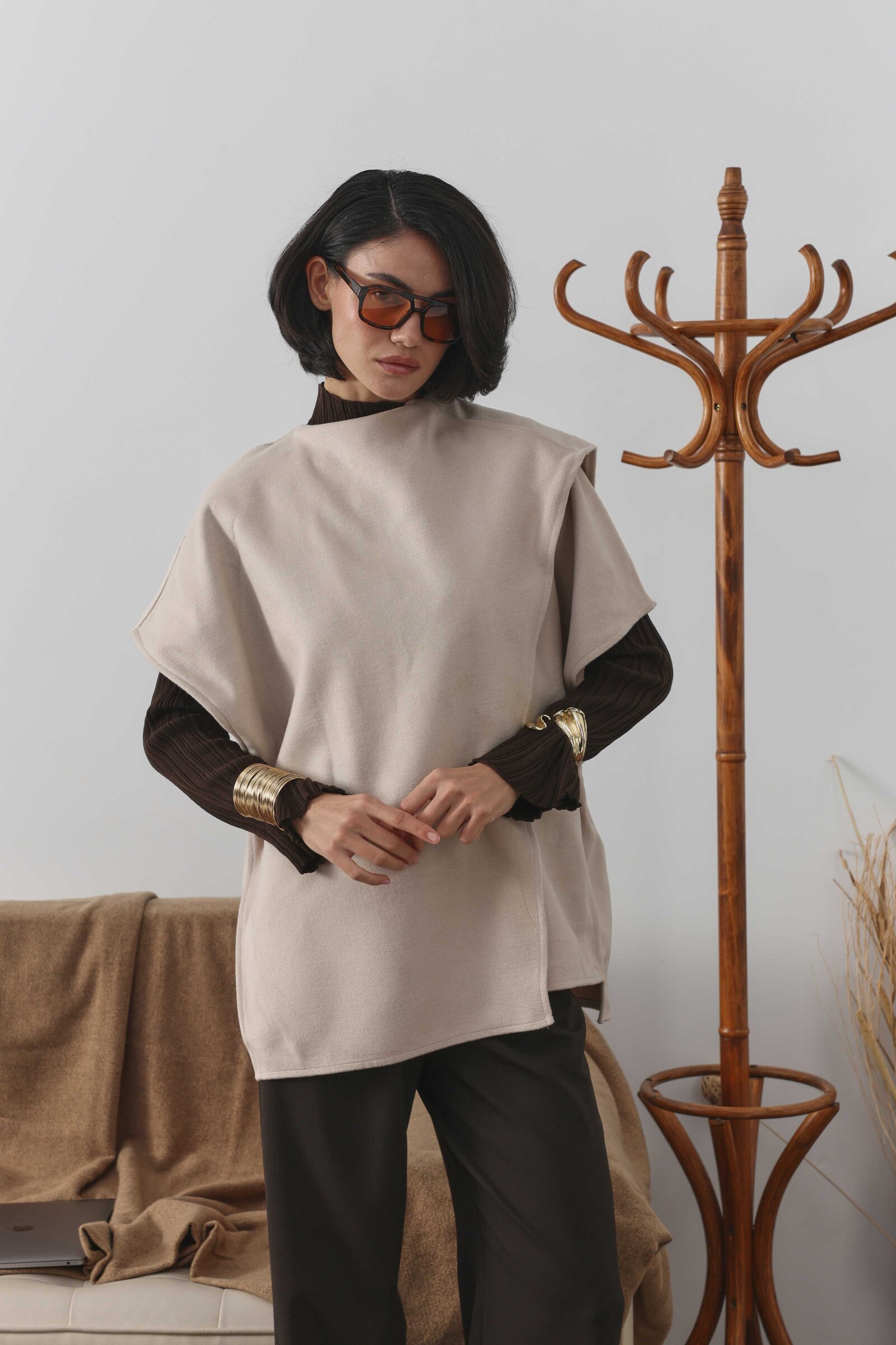 Şal Detaylı Kaşe Süveter Ekru - 8