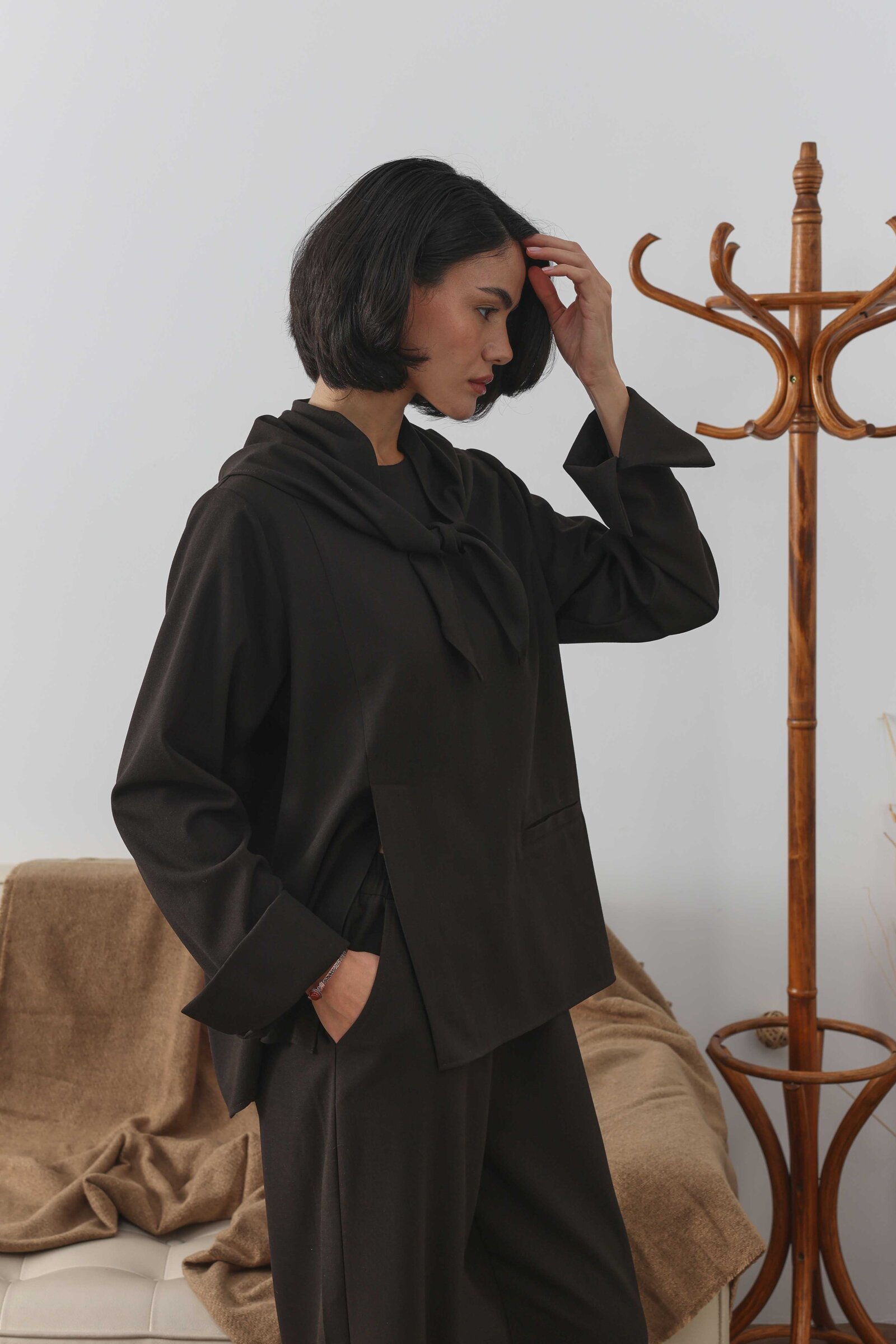 Yırtmaçlı Bluz Kahverengi - 5