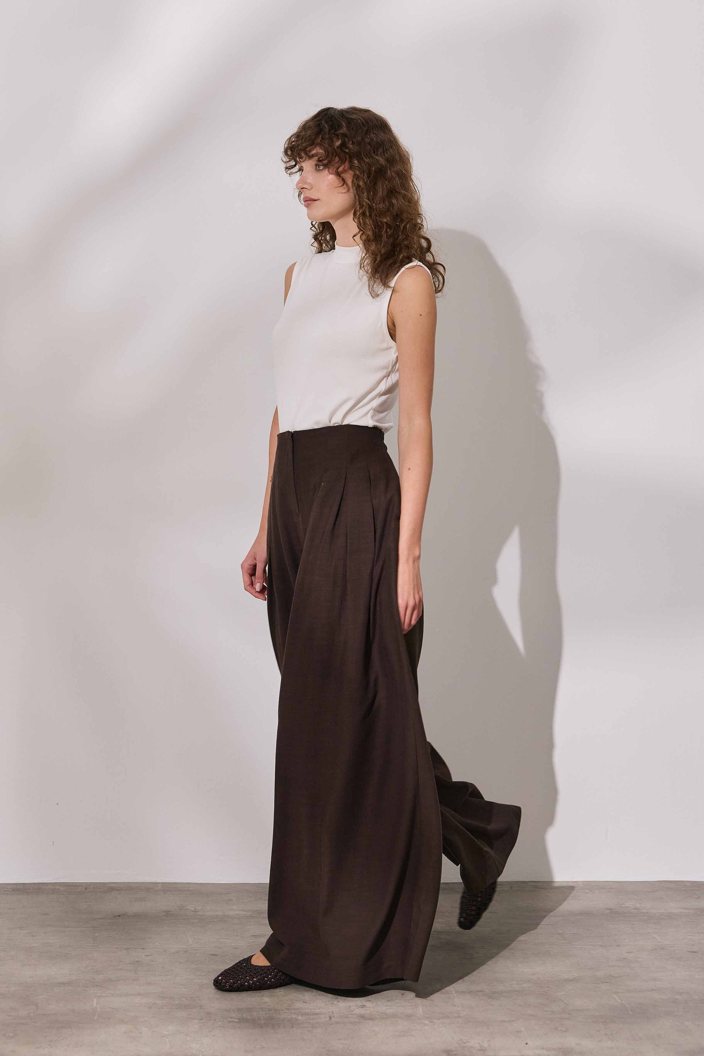 Pileli Keten Etek Pantolon Kahverengi - 3