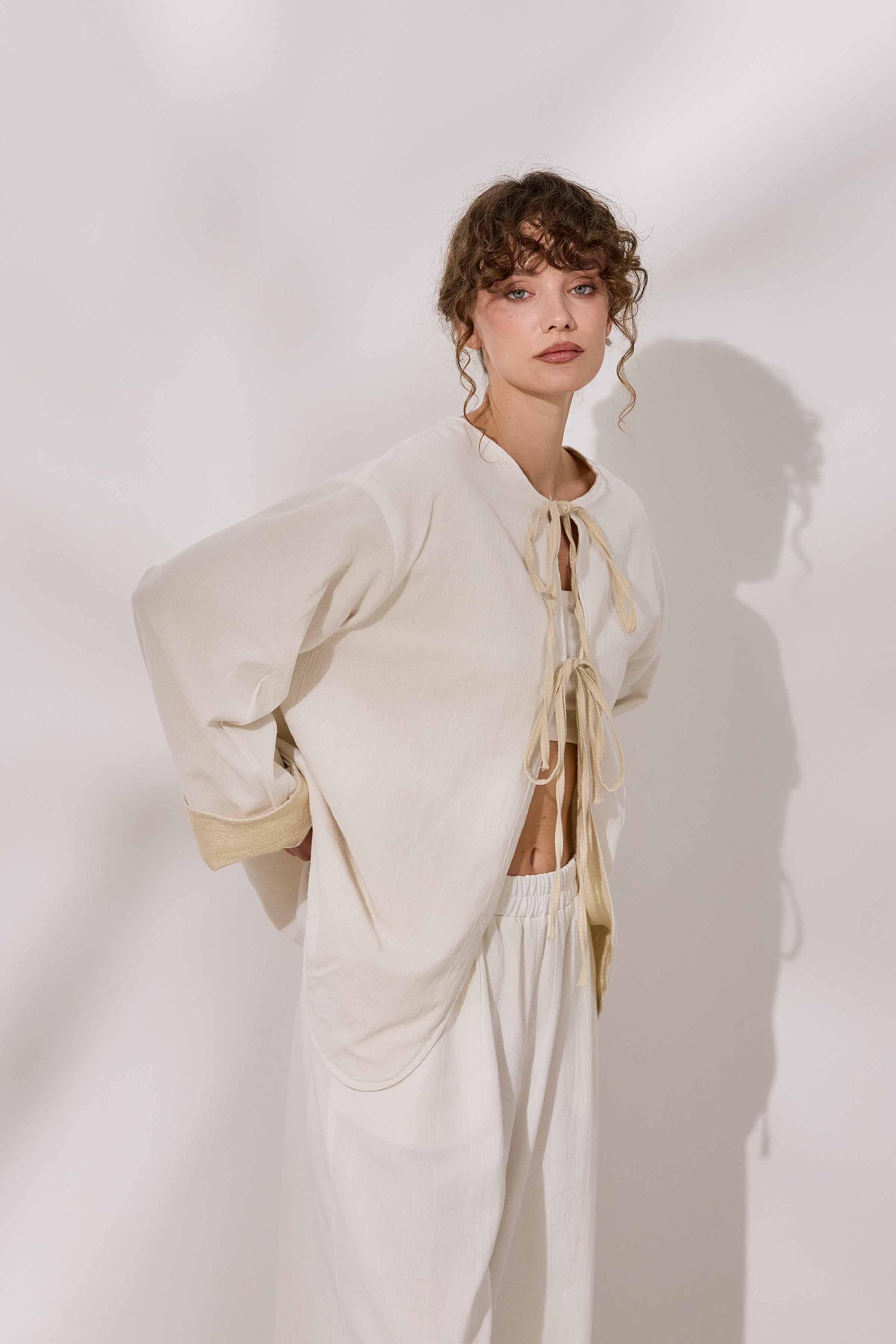 Simli Çift Taraflı Müslin Kimono - 7