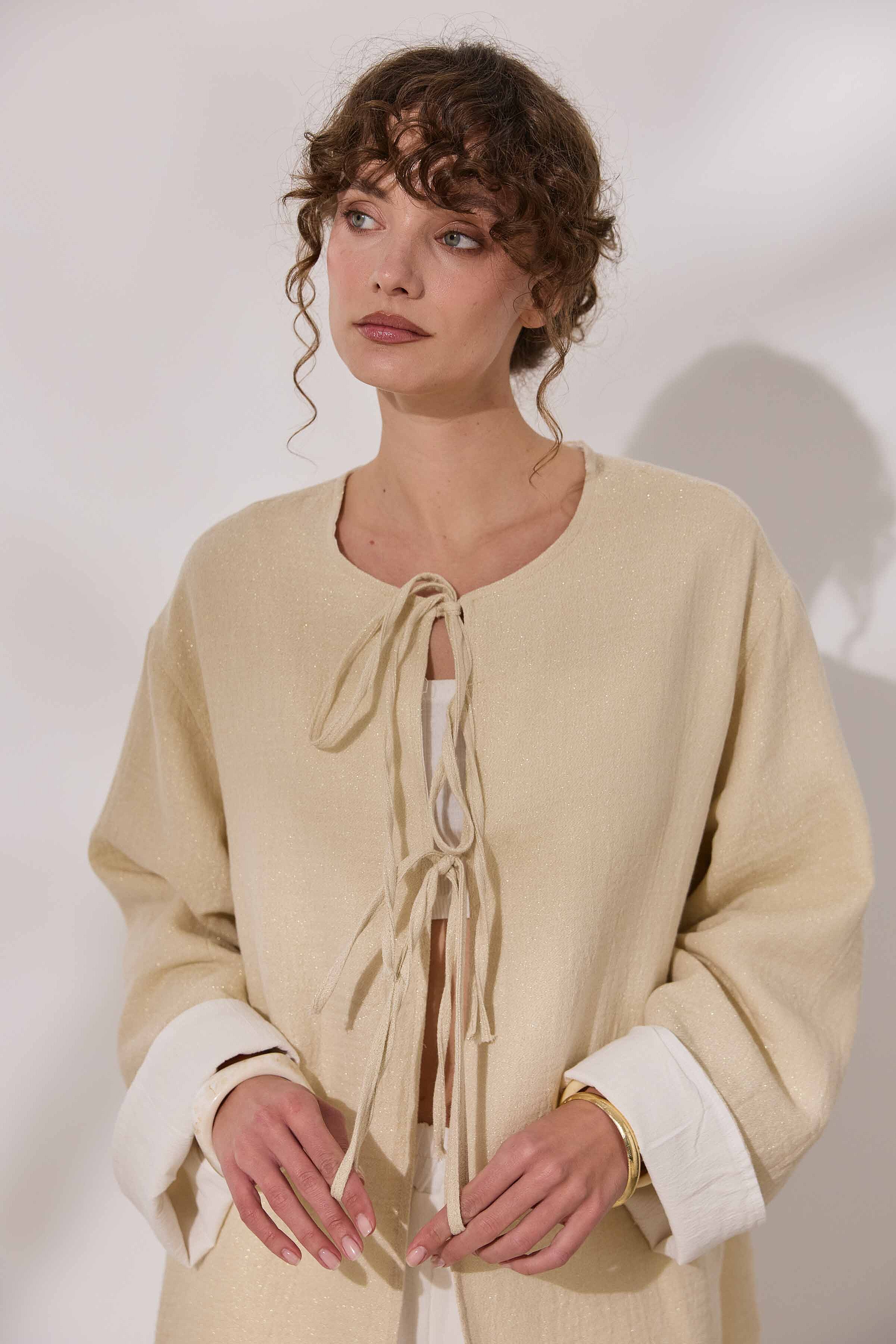 Simli Çift Taraflı Müslin Kimono - 8