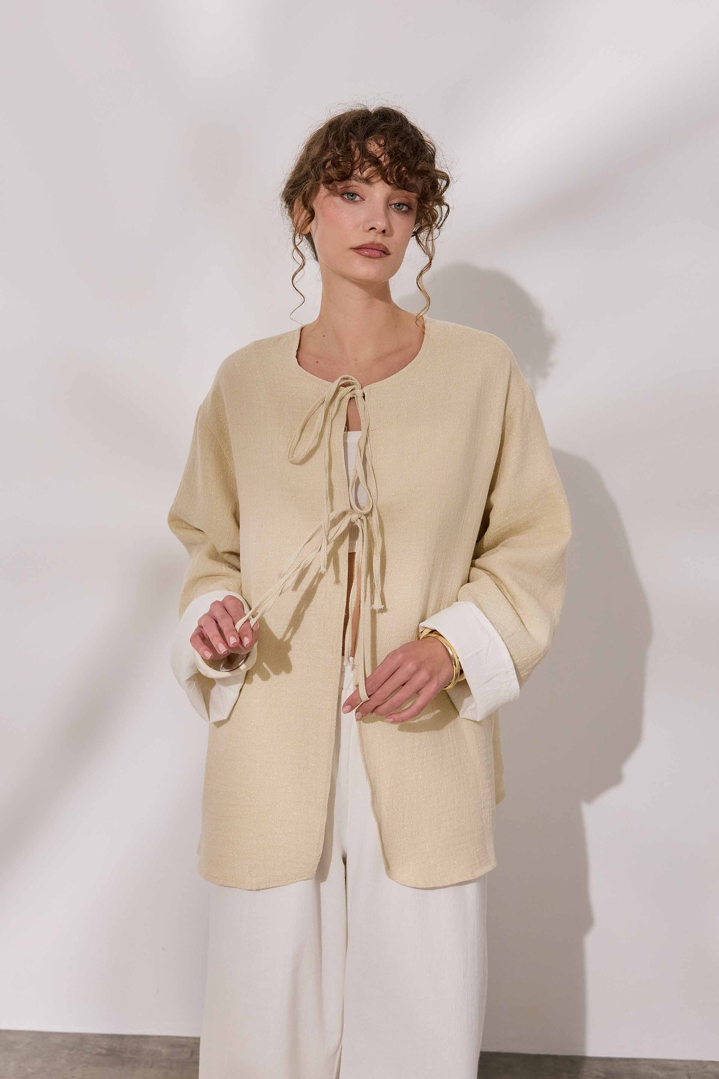 Simli Çift Taraflı Müslin Kimono - 4