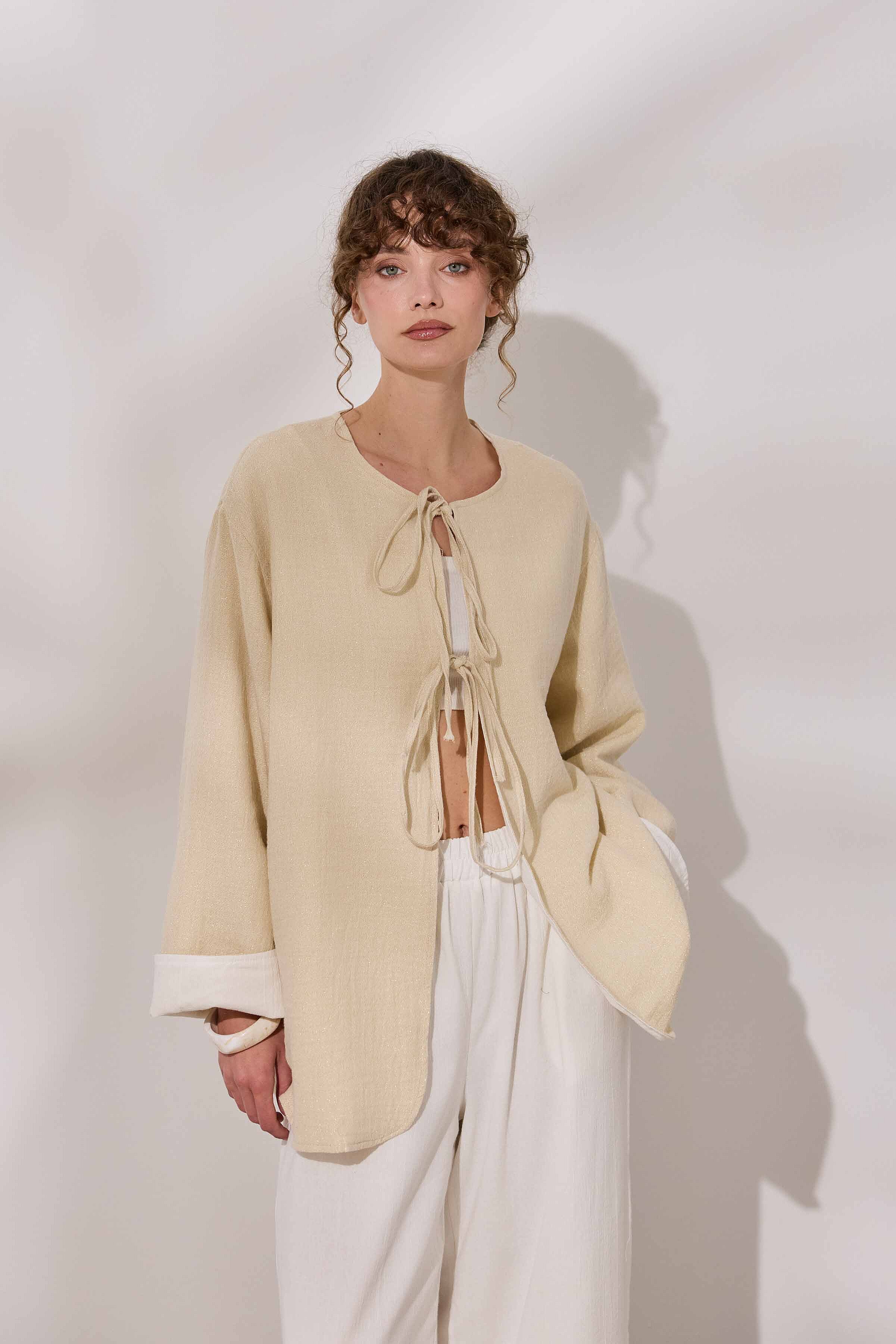 Simli Çift Taraflı Müslin Kimono - 2