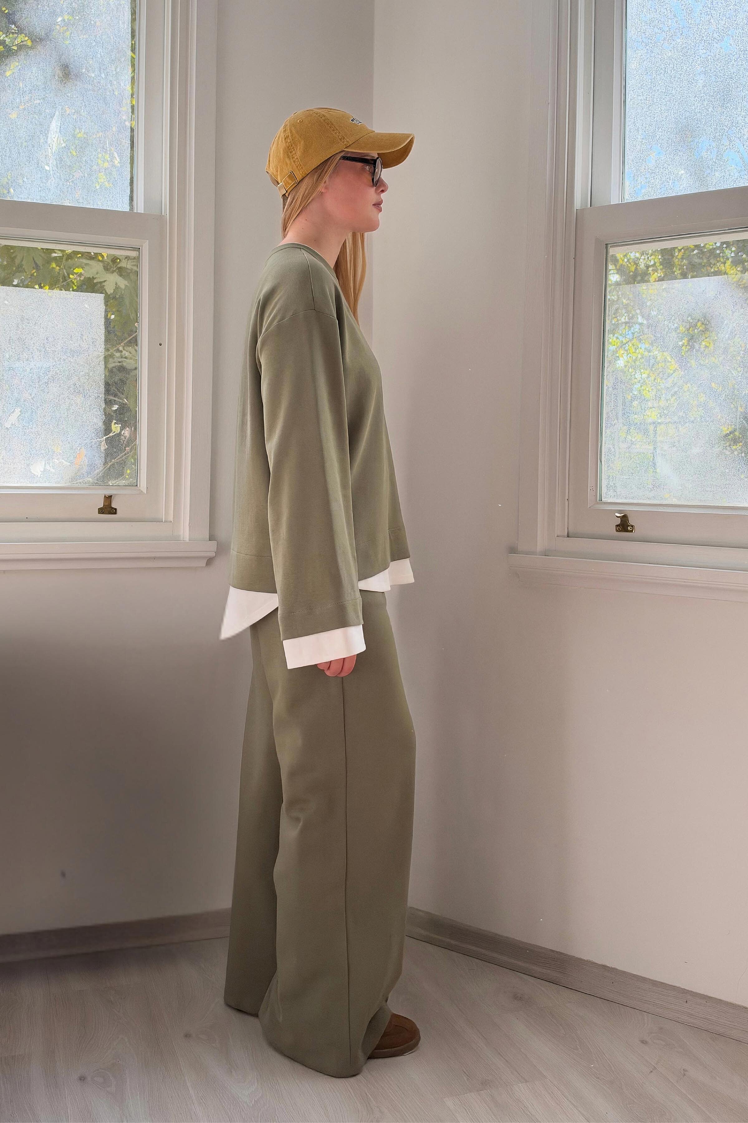 Layer Blok Detaylı Sweatshirt-Haki - 2
